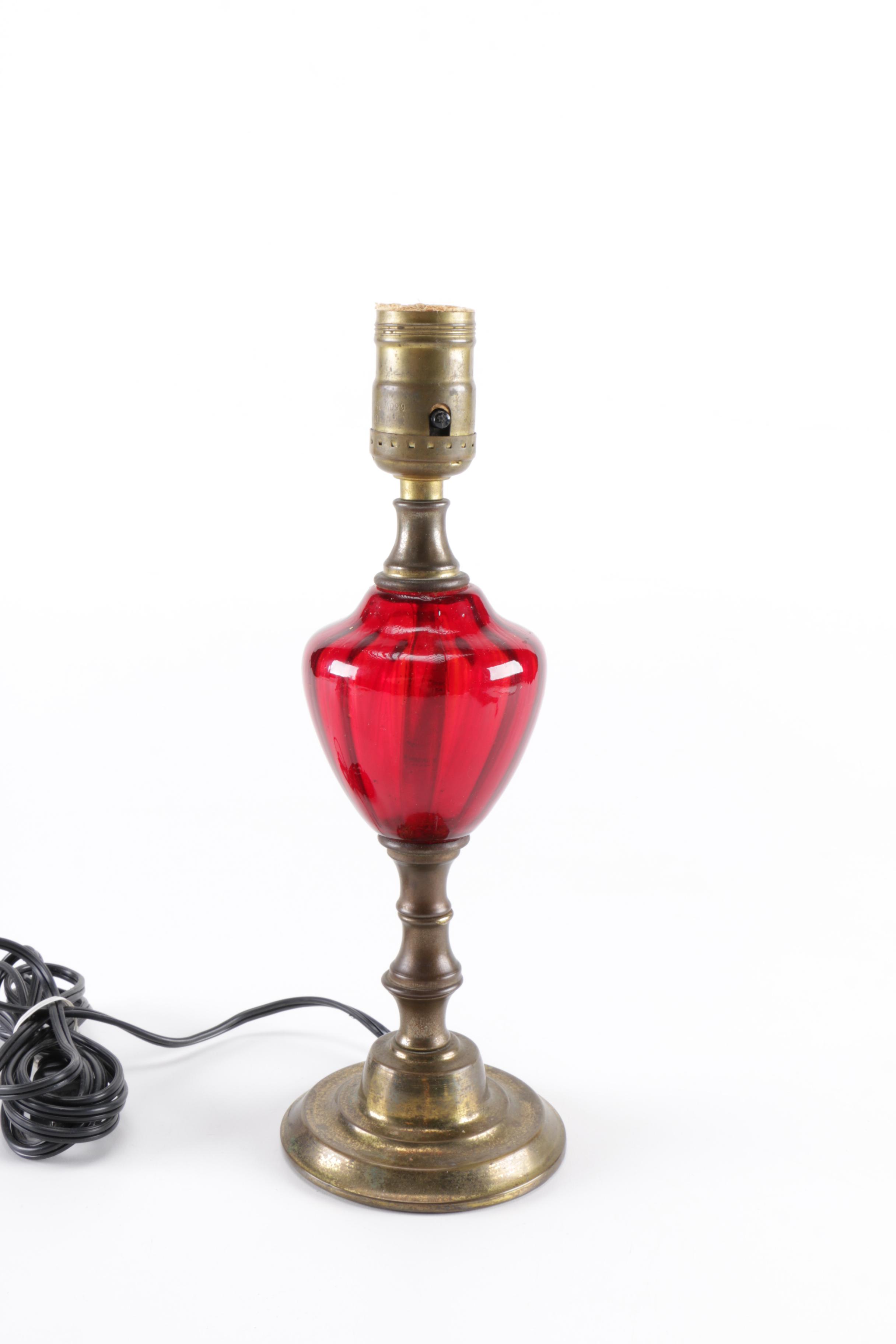 Brass and Red Glass Table Lamp