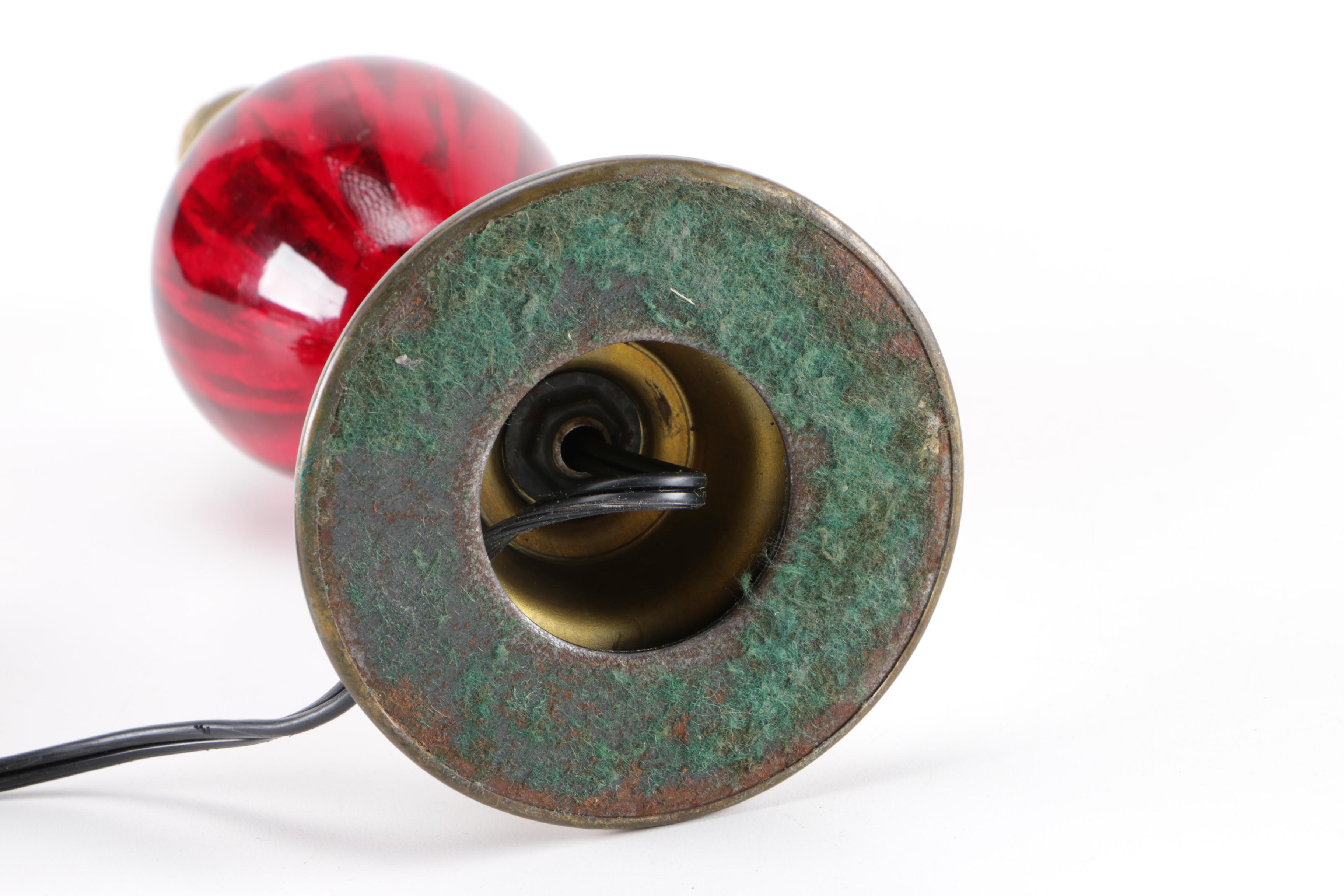 Brass and Red Glass Table Lamp