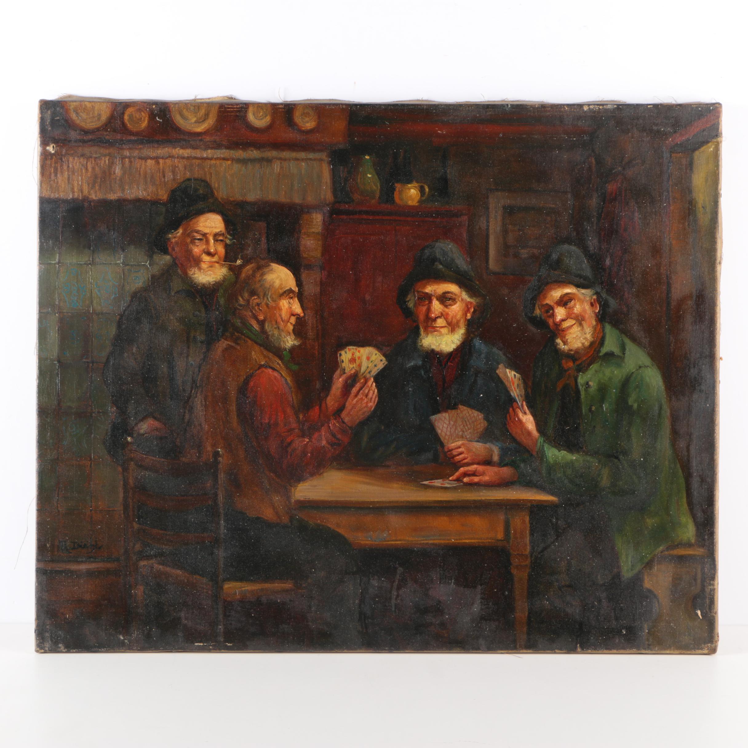 Oil on Canvas Genre Scene with Card Players