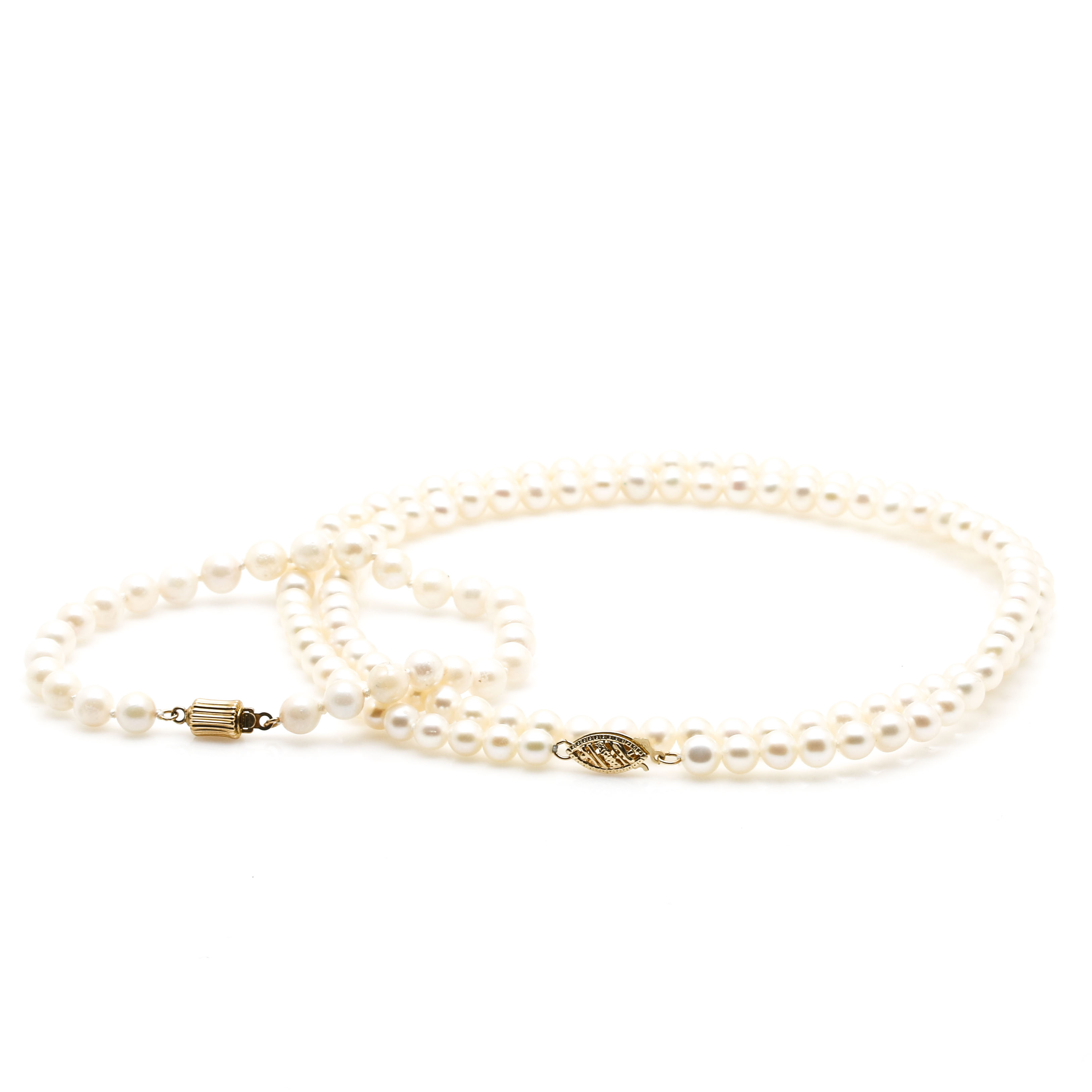 Cultured Pearl Bracelet and Necklace With 14K Yellow Gold Findings