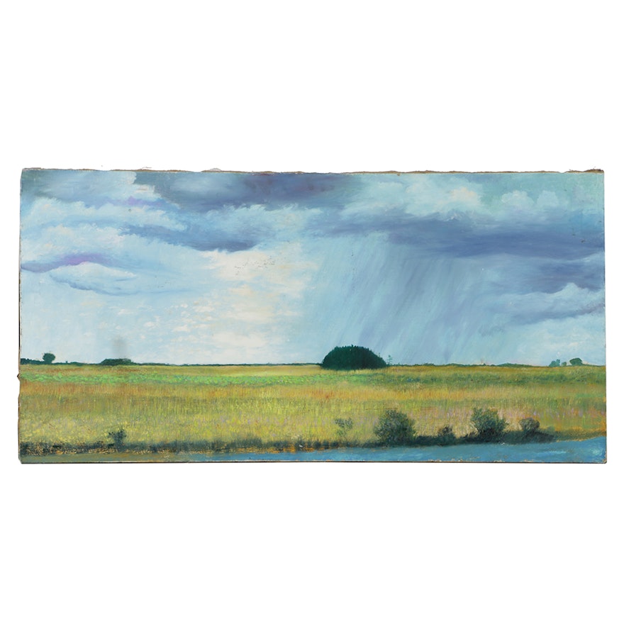 Oil Painting on Linen Canvas Rural Landscape with Rain Clouds