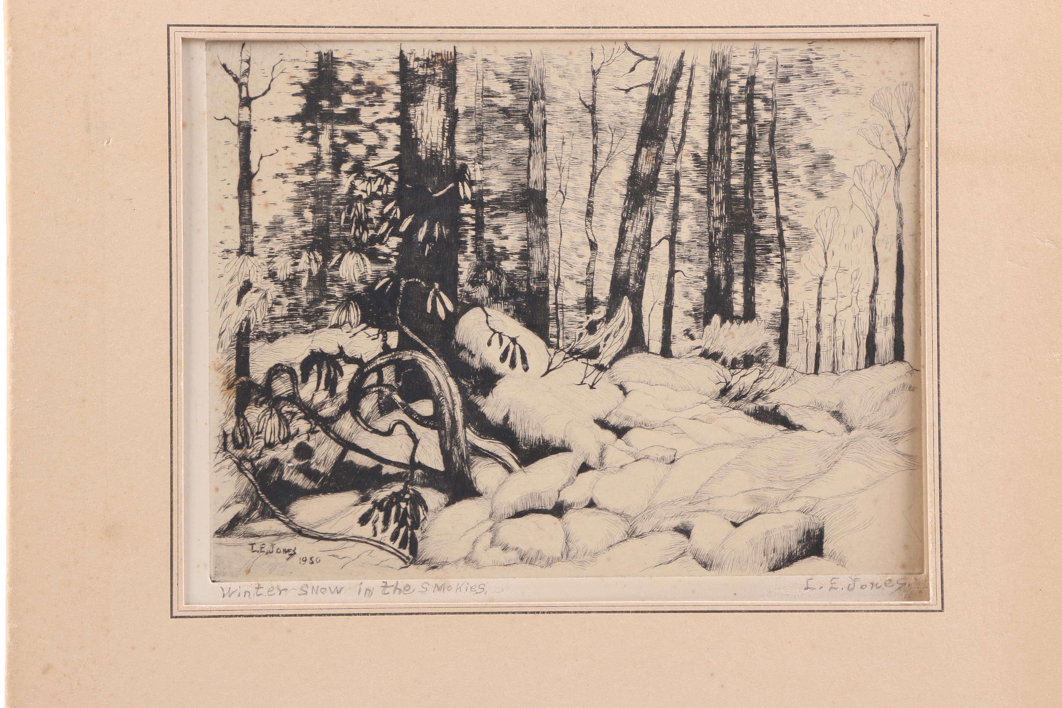Louis Edward Jones 1950s Drypoint Etching on Paper "Winter Snow in the Smokies"
