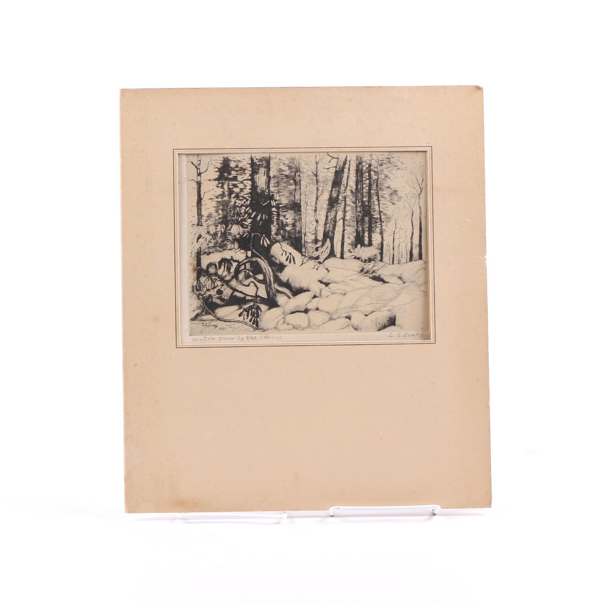 Louis Edward Jones 1950s Drypoint Etching on Paper "Winter Snow in the Smokies"