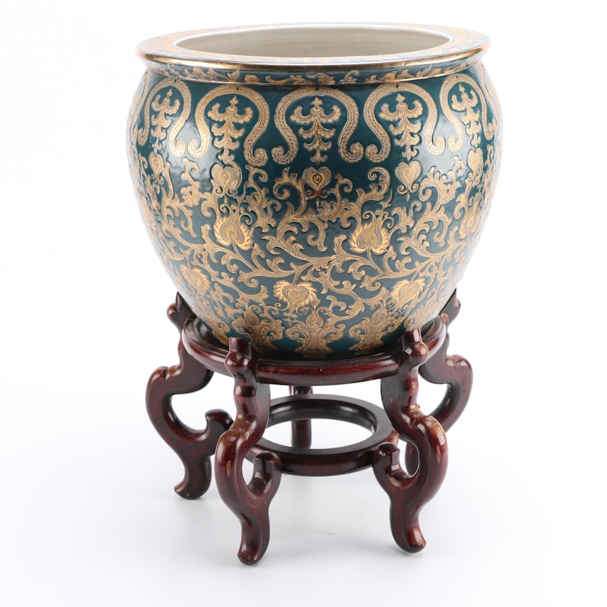 Aqua and Gold Tone Chinese Planter and Stand