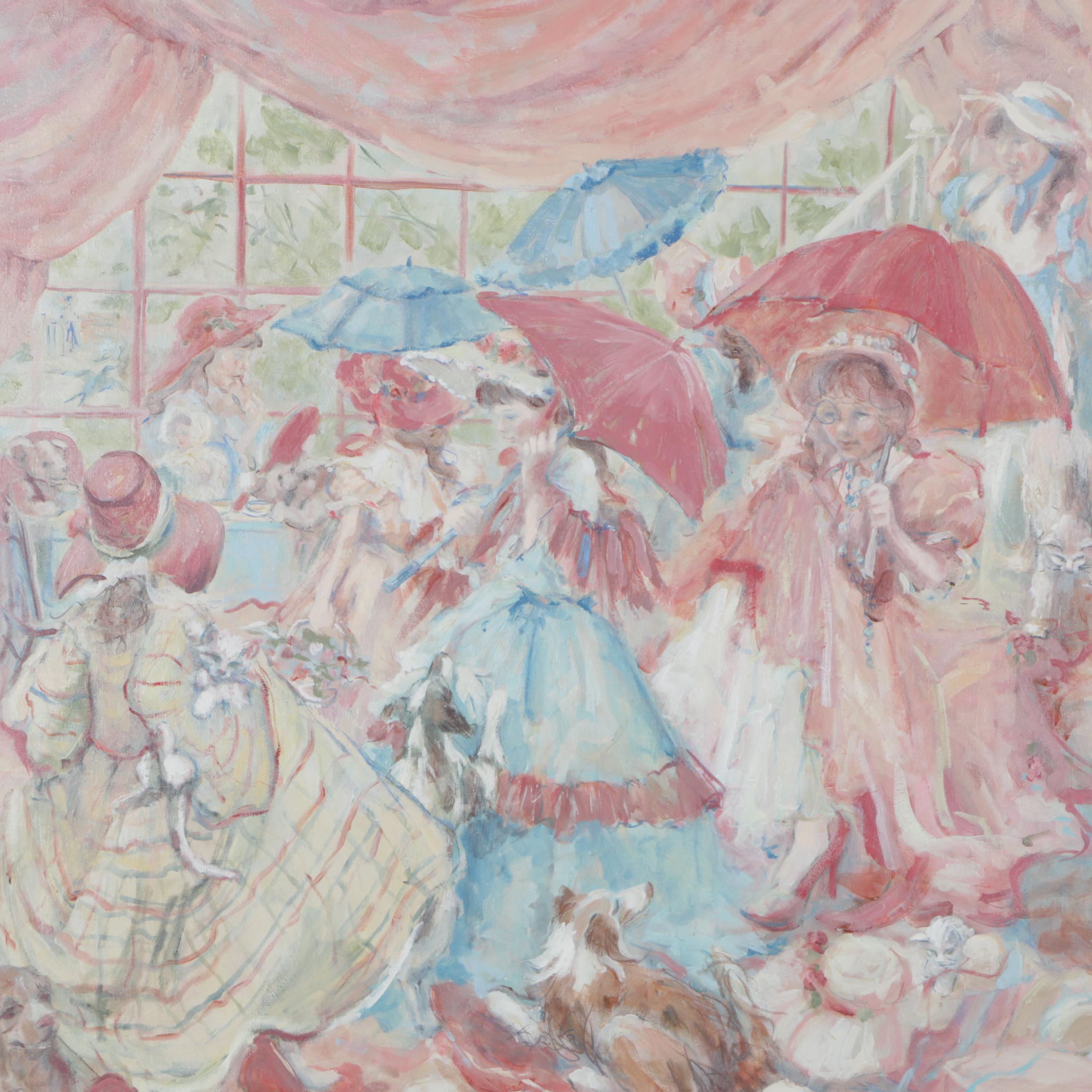 Barbara Hess Pugsley Oil On Canvas Women With Parasols and Dogs