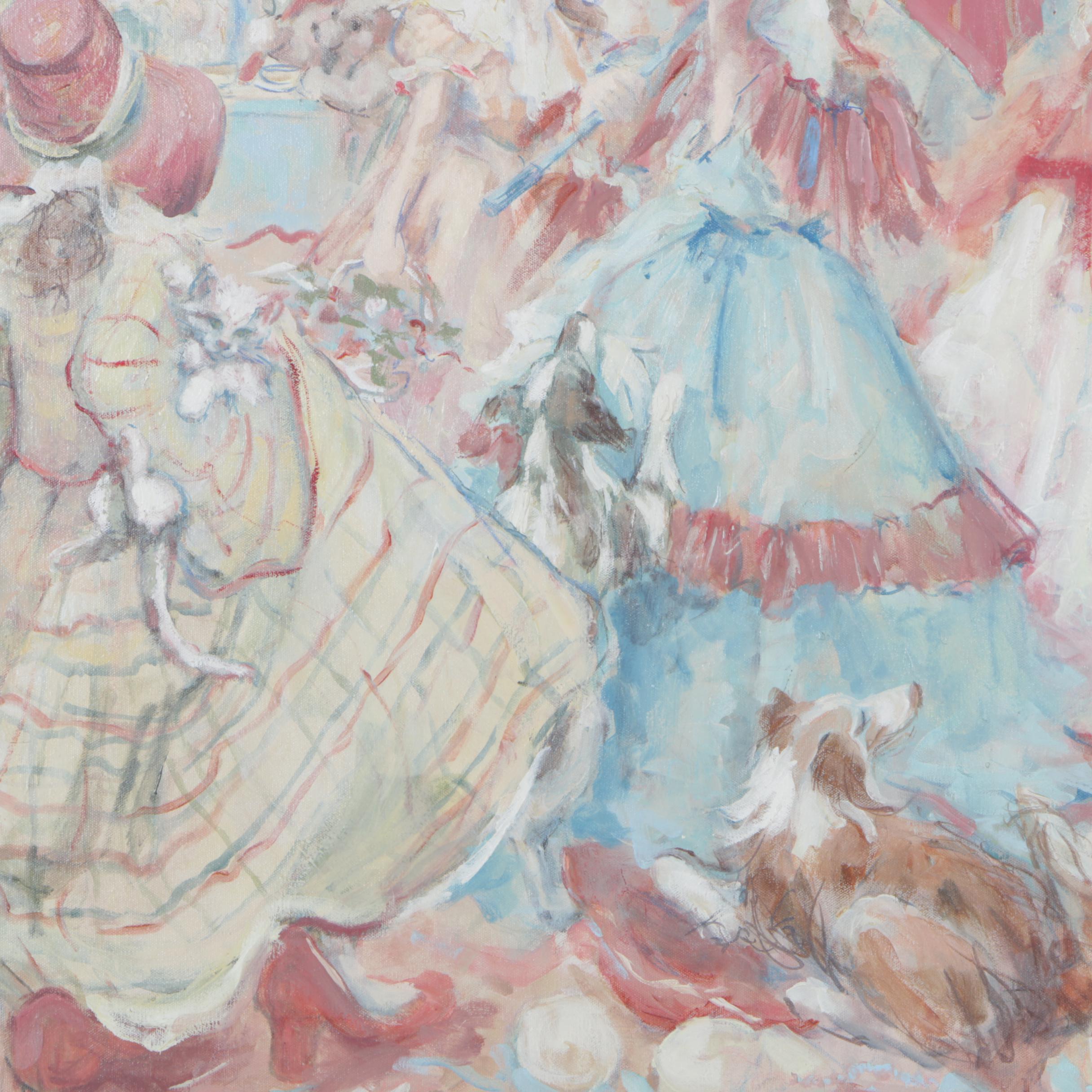 Barbara Hess Pugsley Oil On Canvas Women With Parasols and Dogs