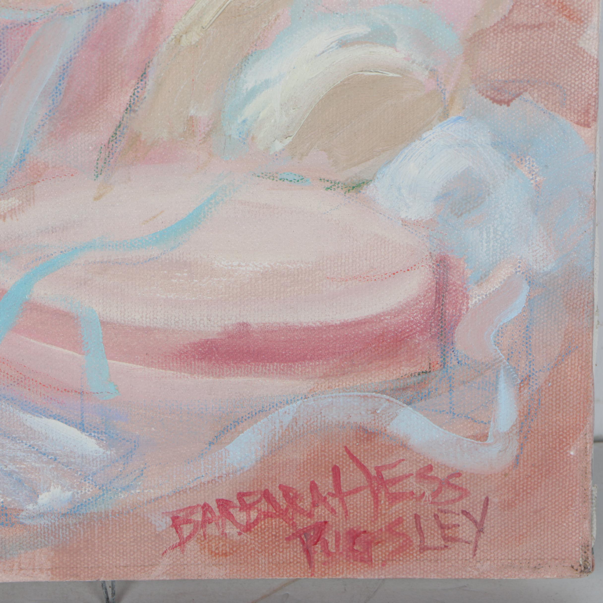 Barbara Hess Pugsley Oil On Canvas Women With Parasols and Dogs