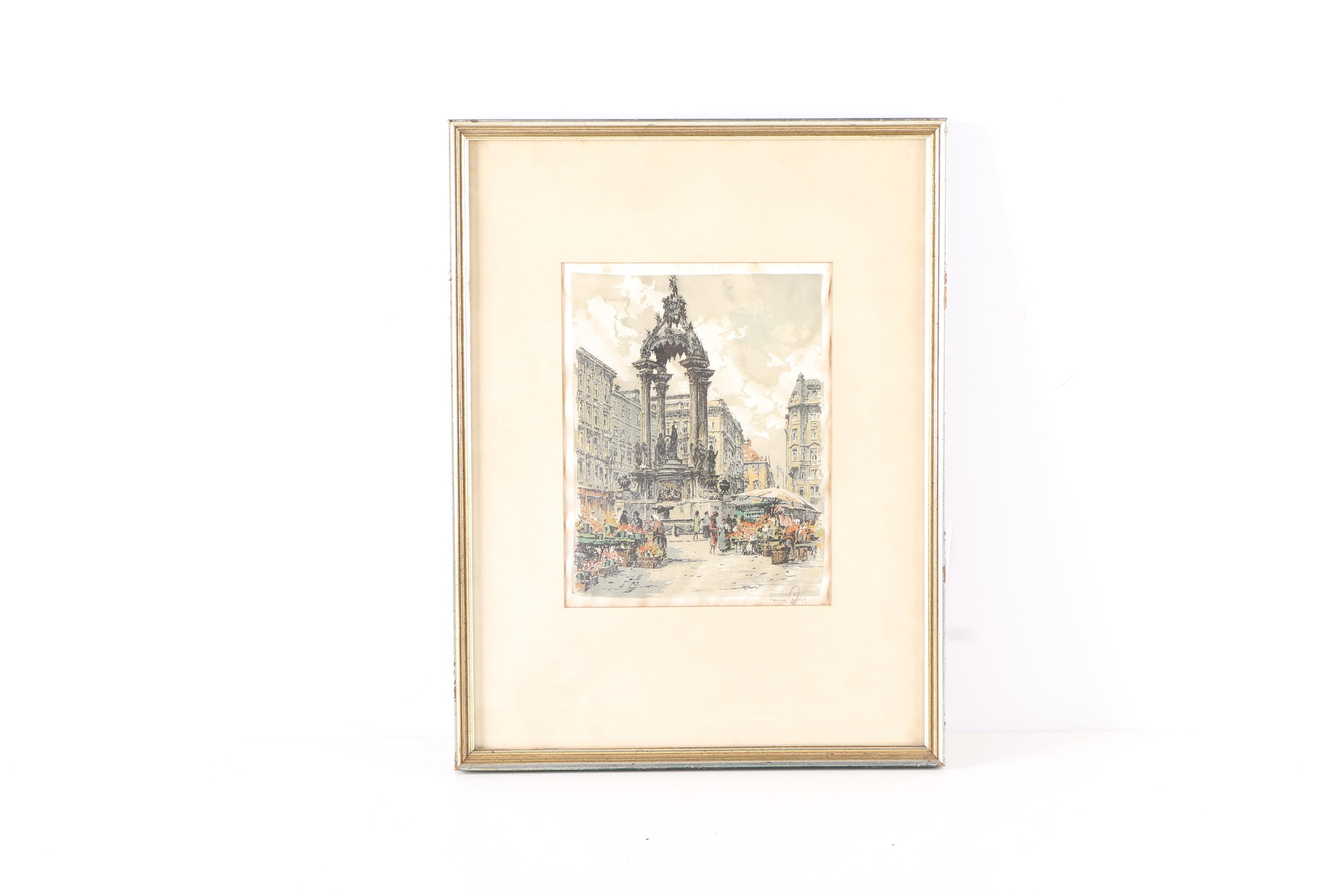 Pair Of Signed Prints Of European Architecture on Silk