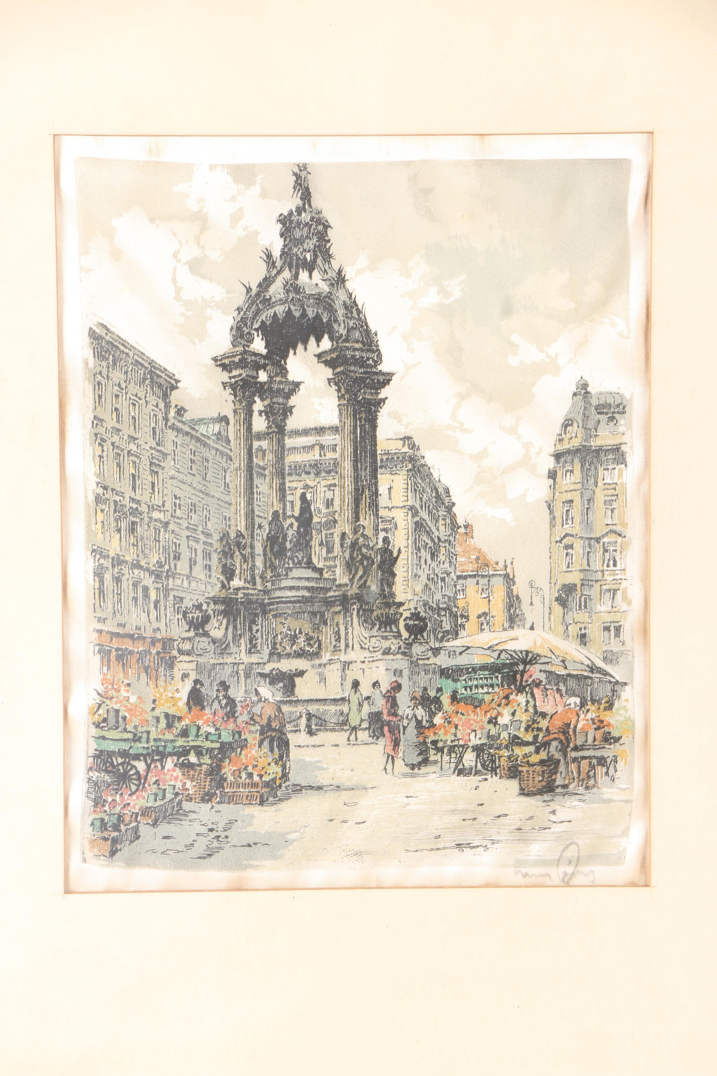 Pair Of Signed Prints Of European Architecture on Silk