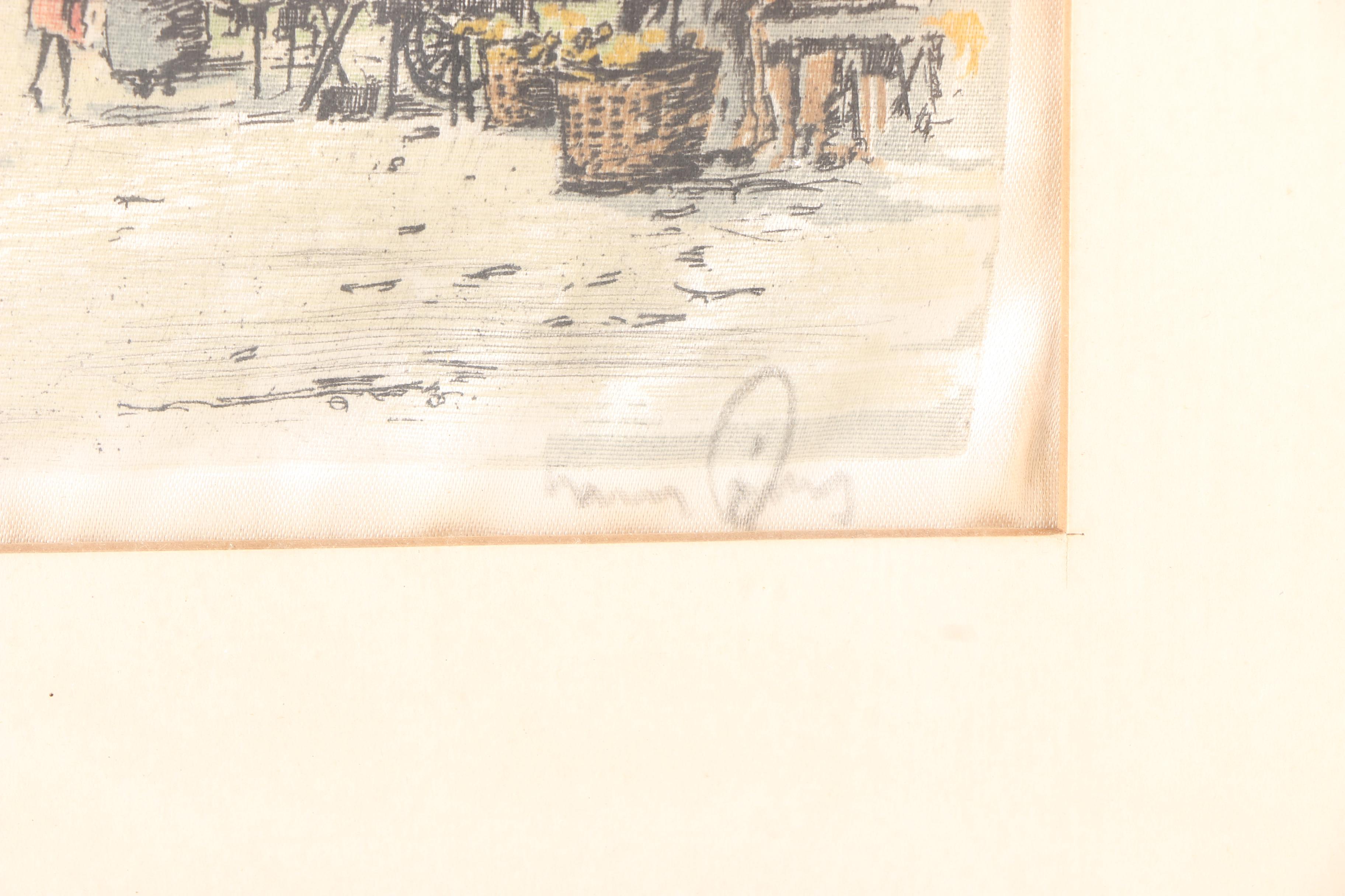 Pair Of Signed Prints Of European Architecture on Silk