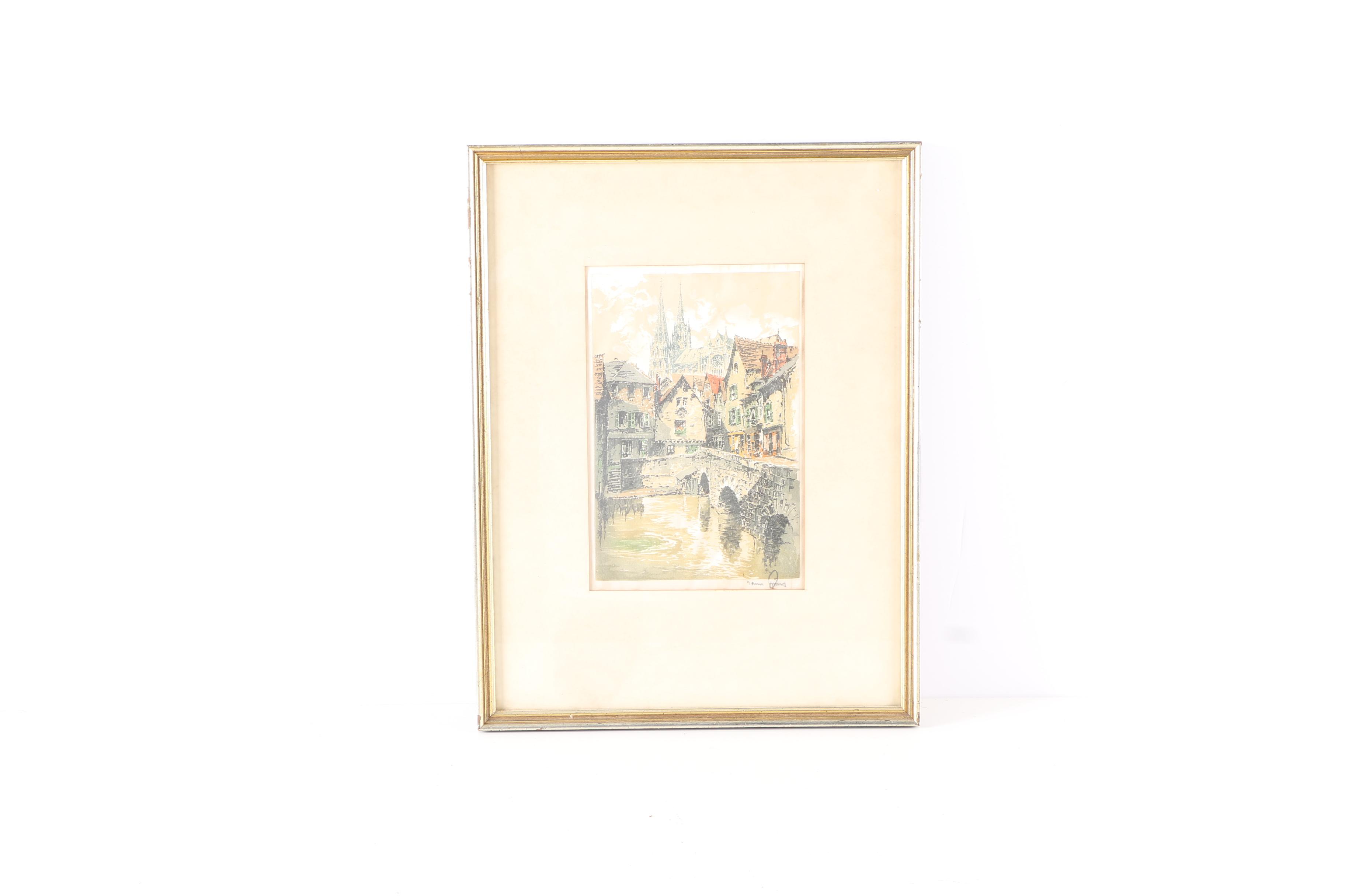 Pair Of Signed Prints Of European Architecture on Silk
