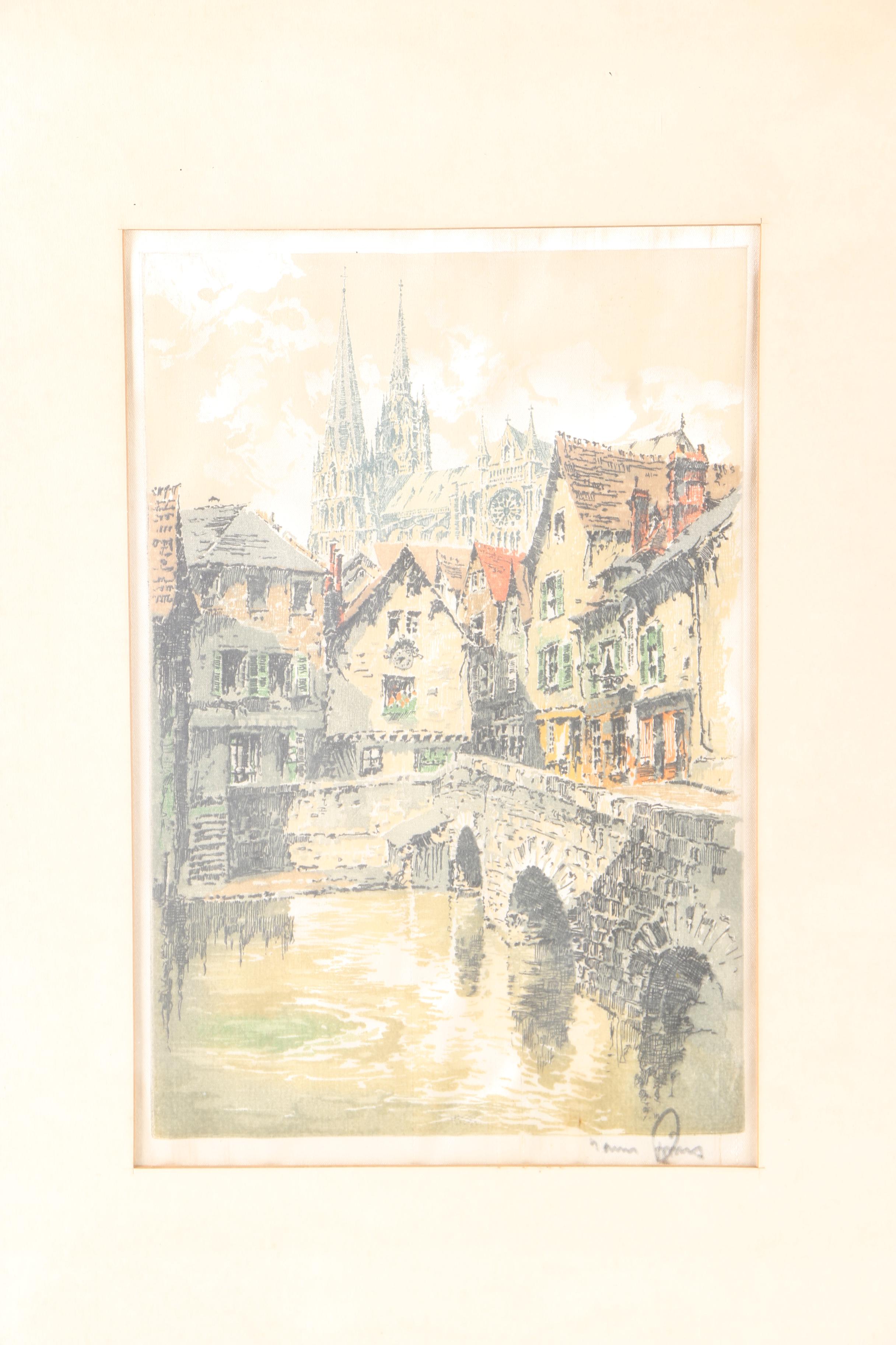 Pair Of Signed Prints Of European Architecture on Silk