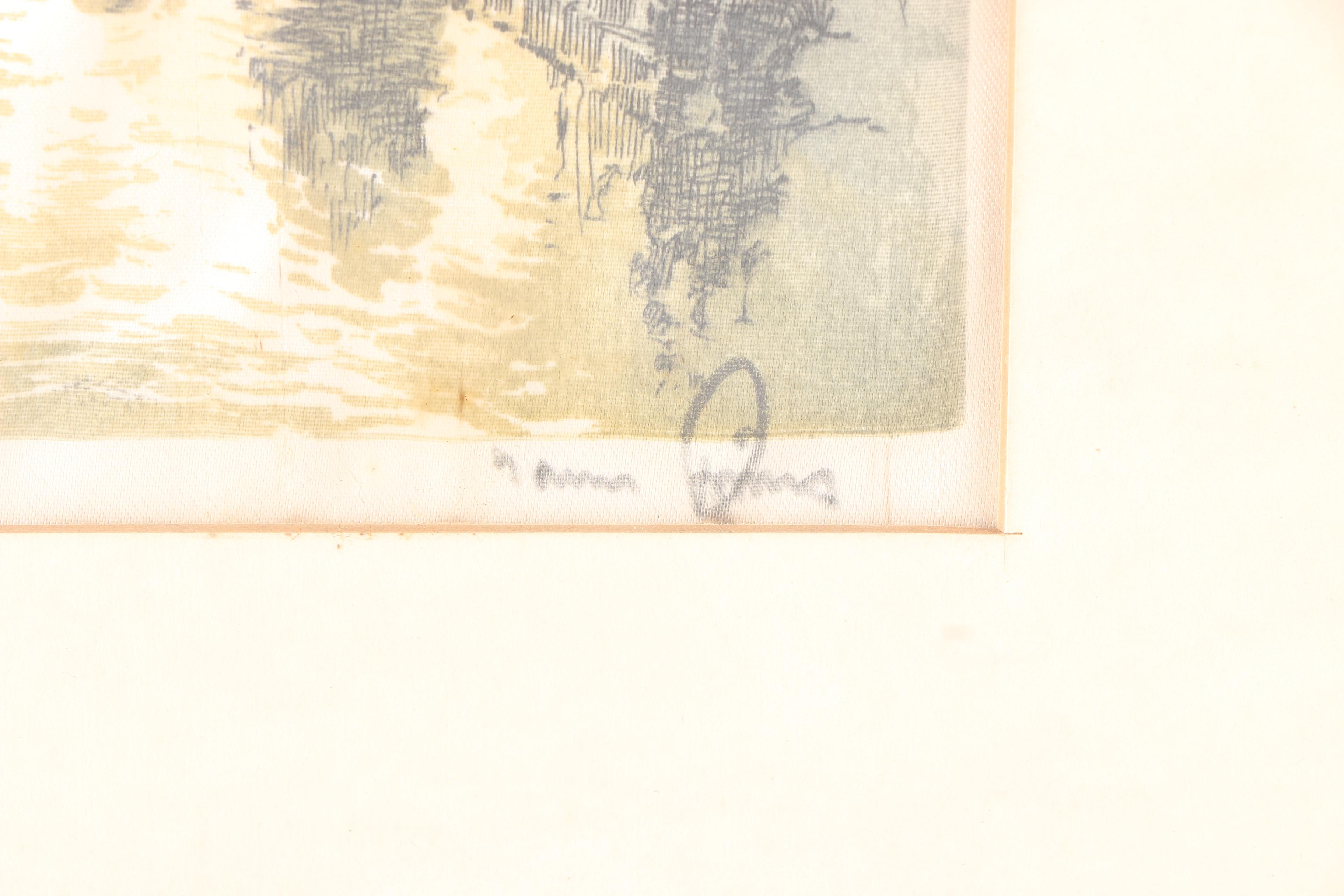 Pair Of Signed Prints Of European Architecture on Silk
