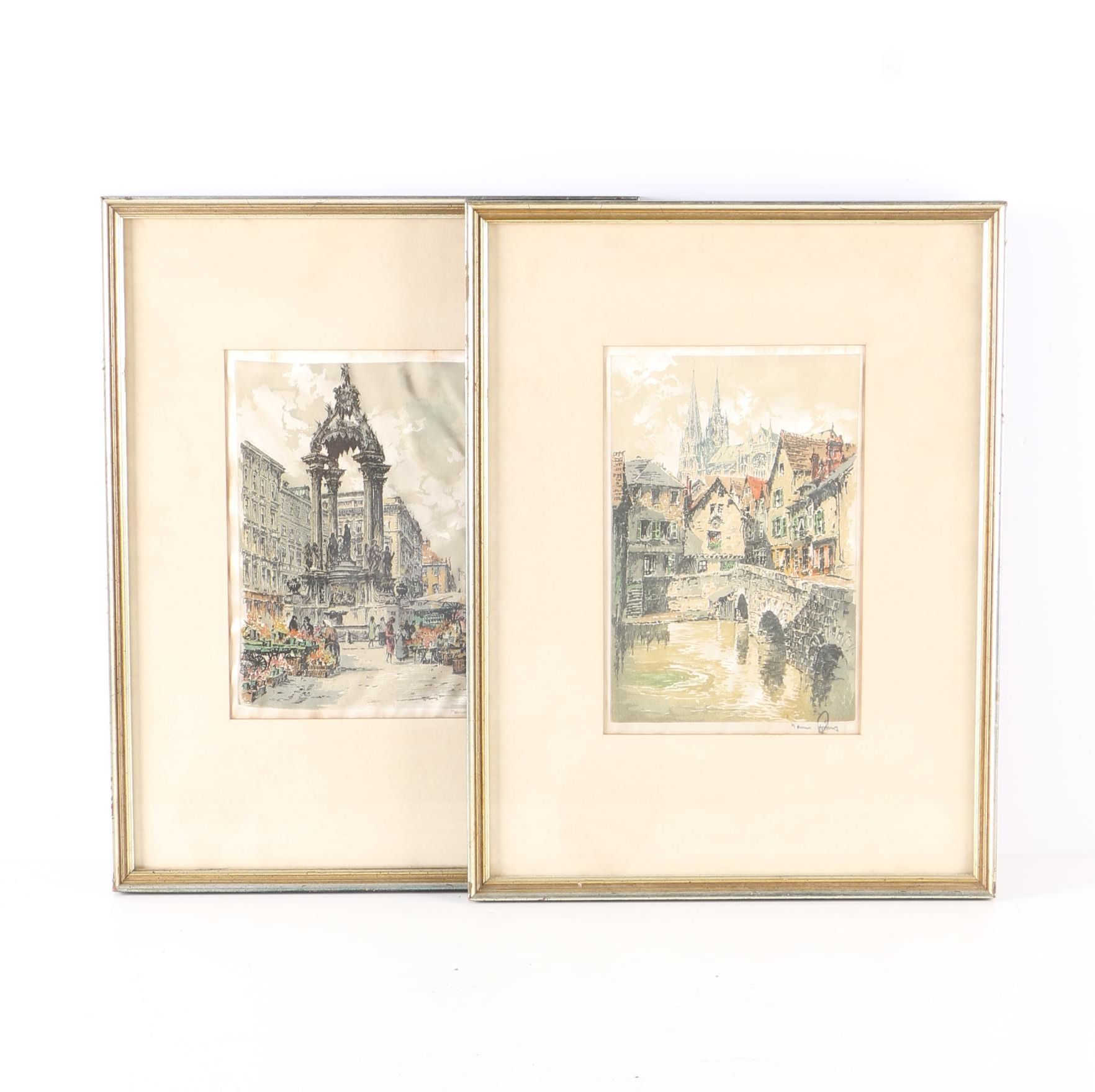 Pair Of Signed Prints Of European Architecture on Silk
