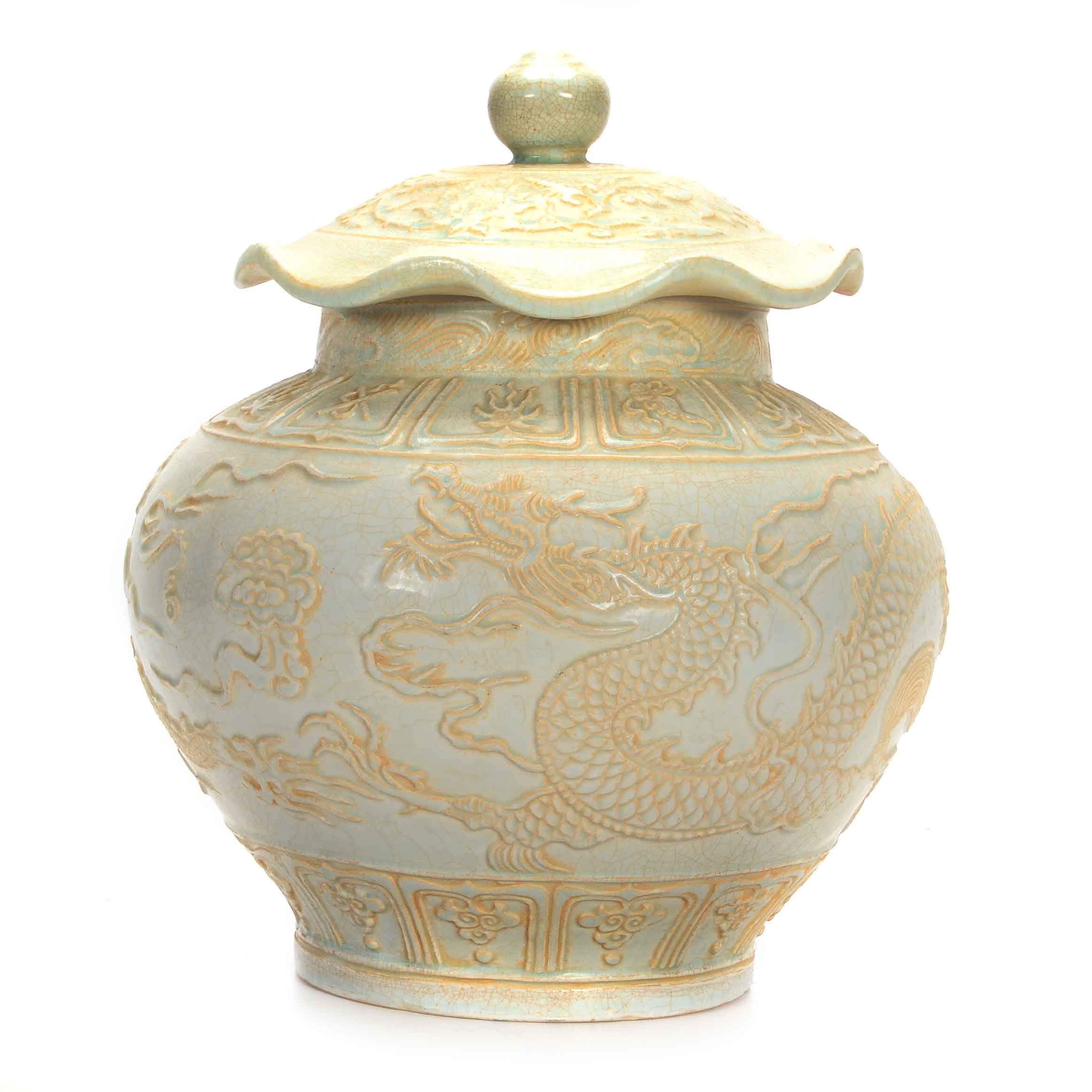 Large Chinese Celadon Lotus Jar