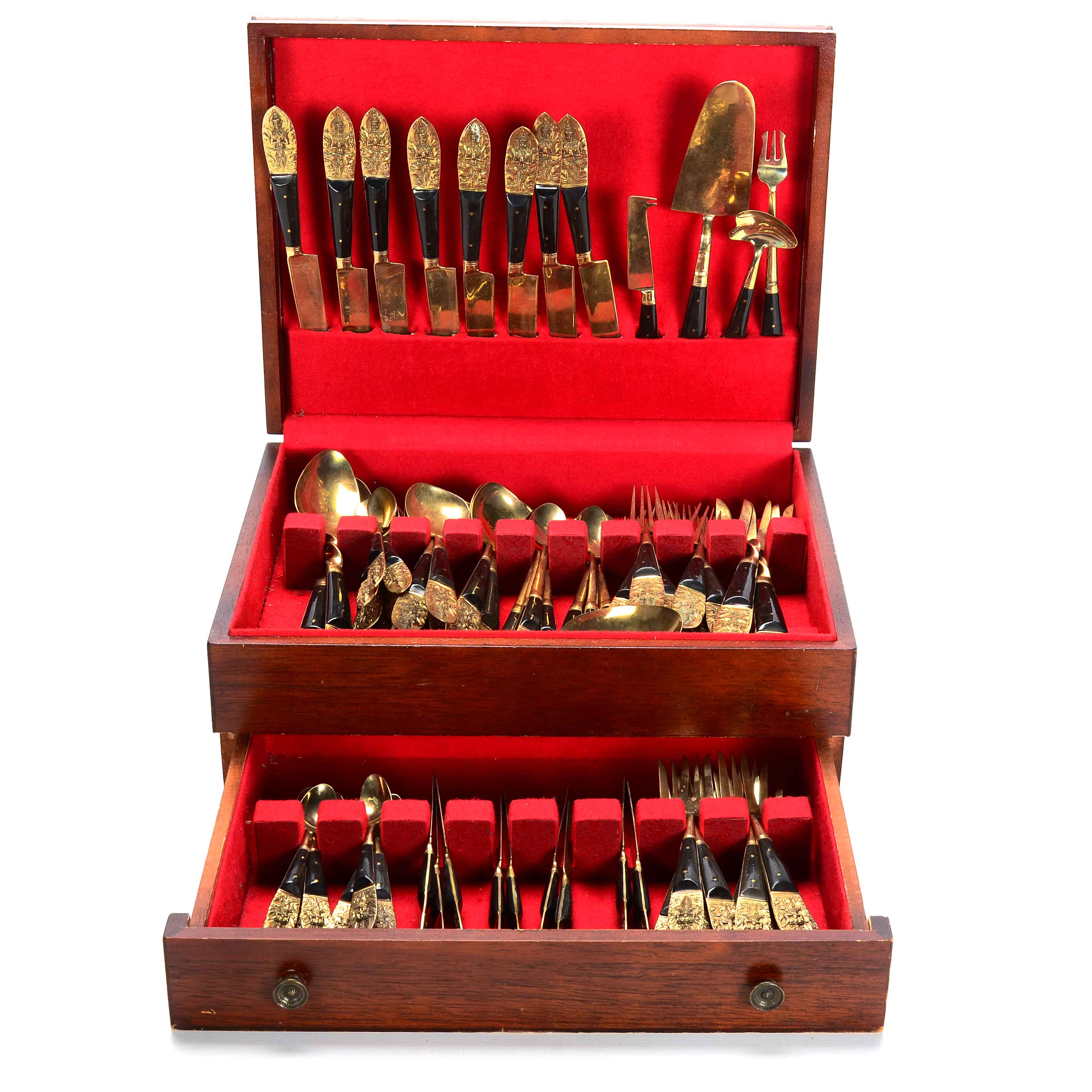 Set of Brass Flatware in Wooden Chest