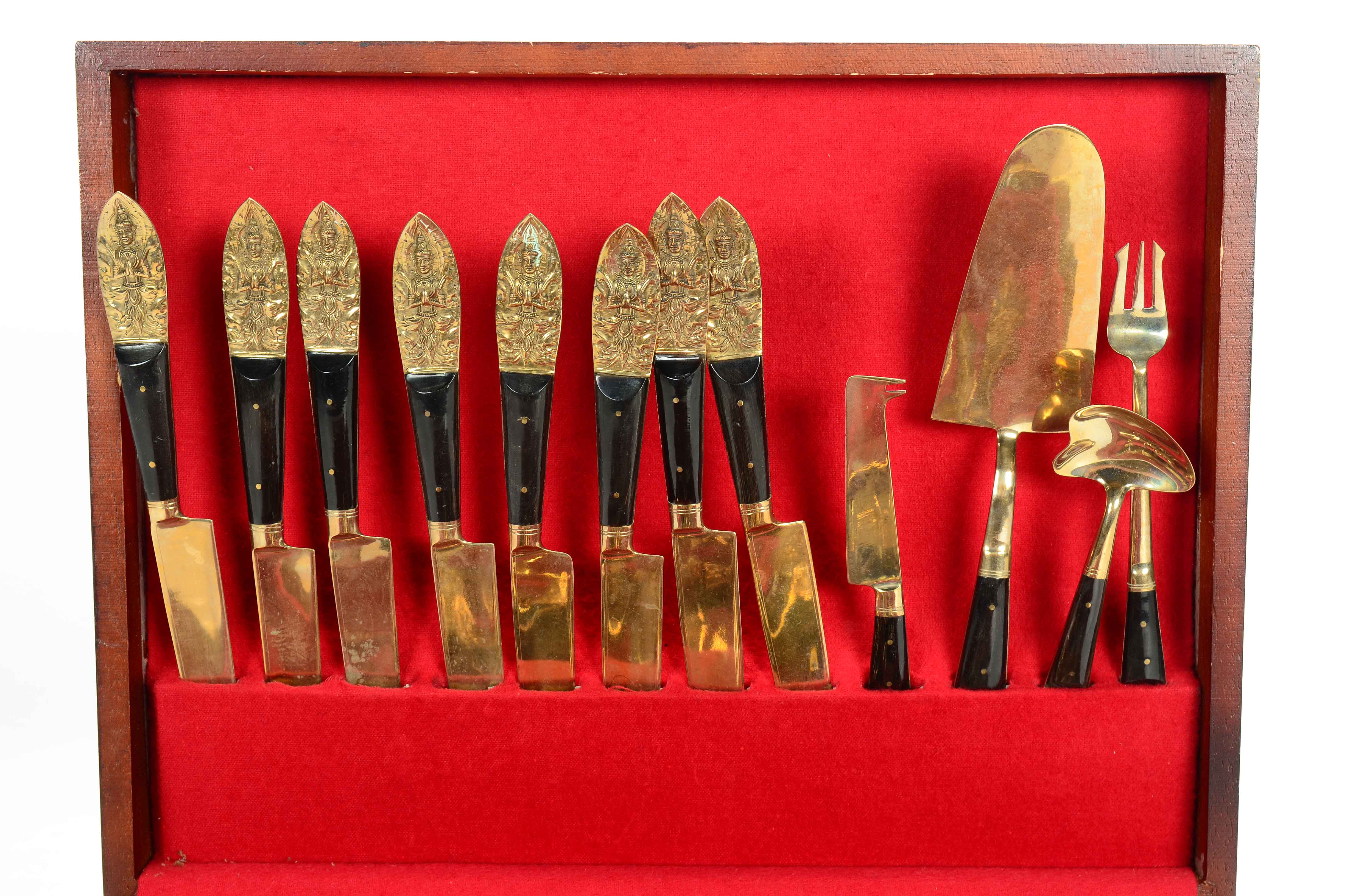 Set of Brass Flatware in Wooden Chest