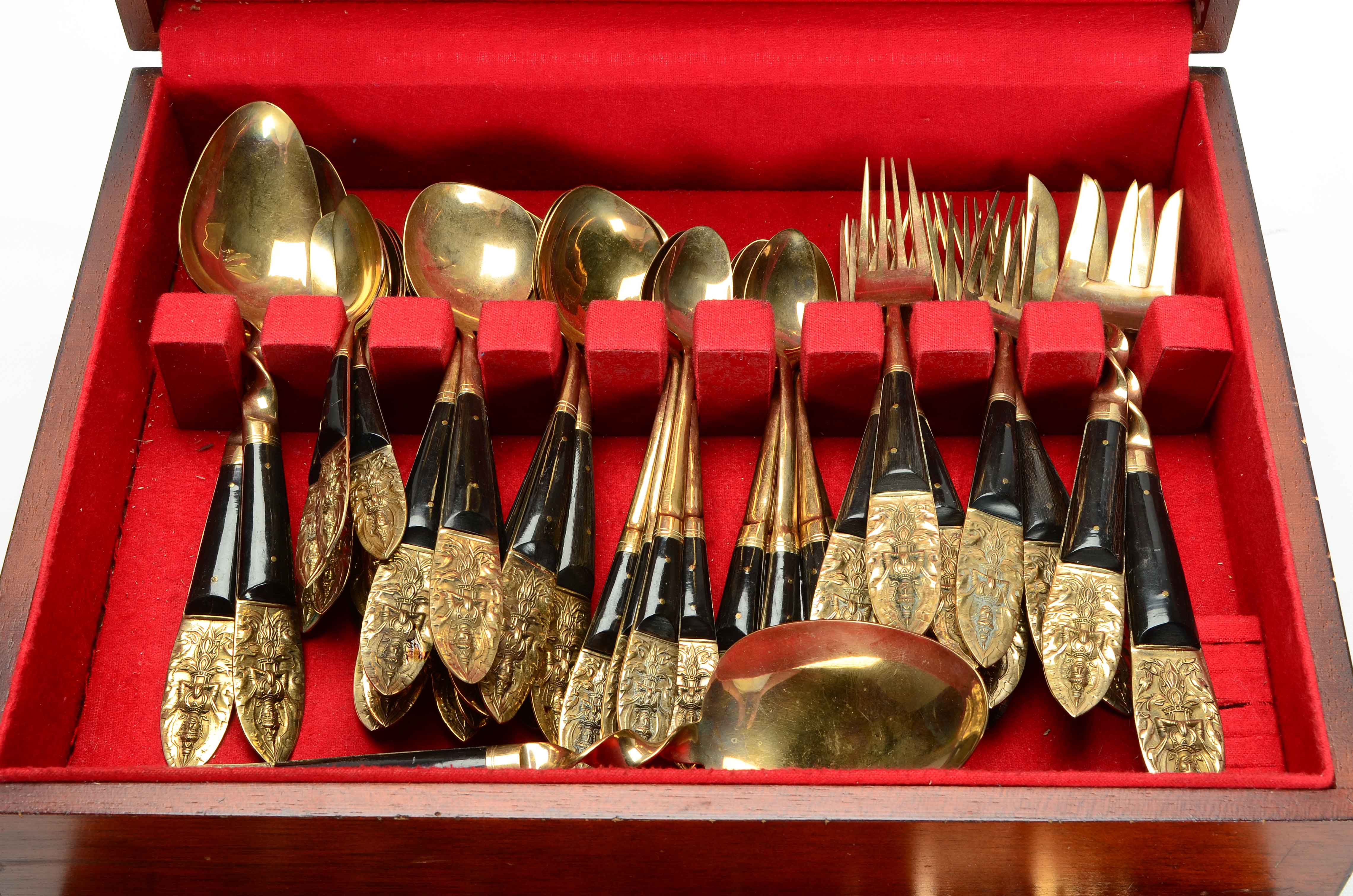 Set of Brass Flatware in Wooden Chest