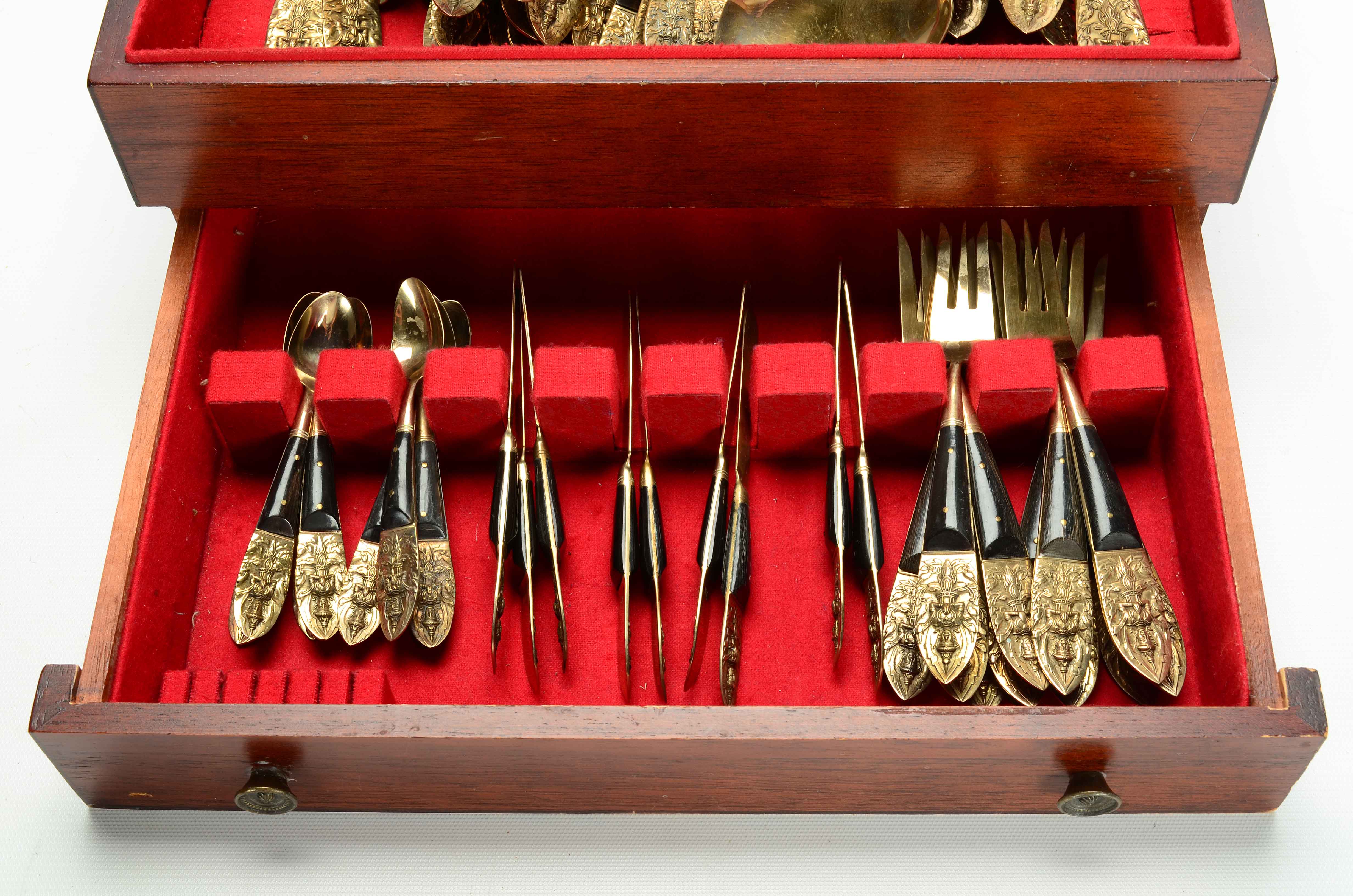 Set of Brass Flatware in Wooden Chest