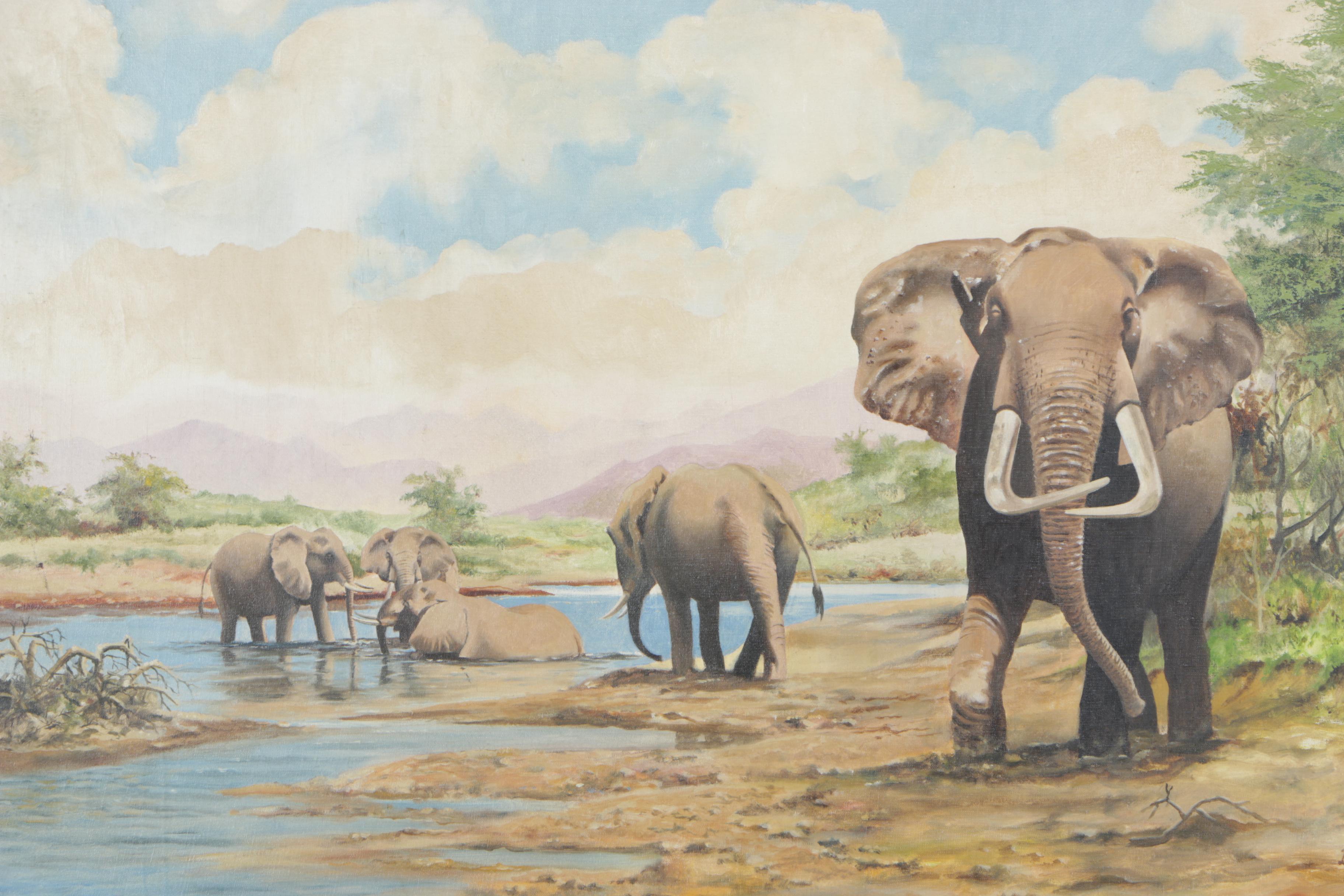 Edward Byrne Oil Painting on Canvas "Elephants"
