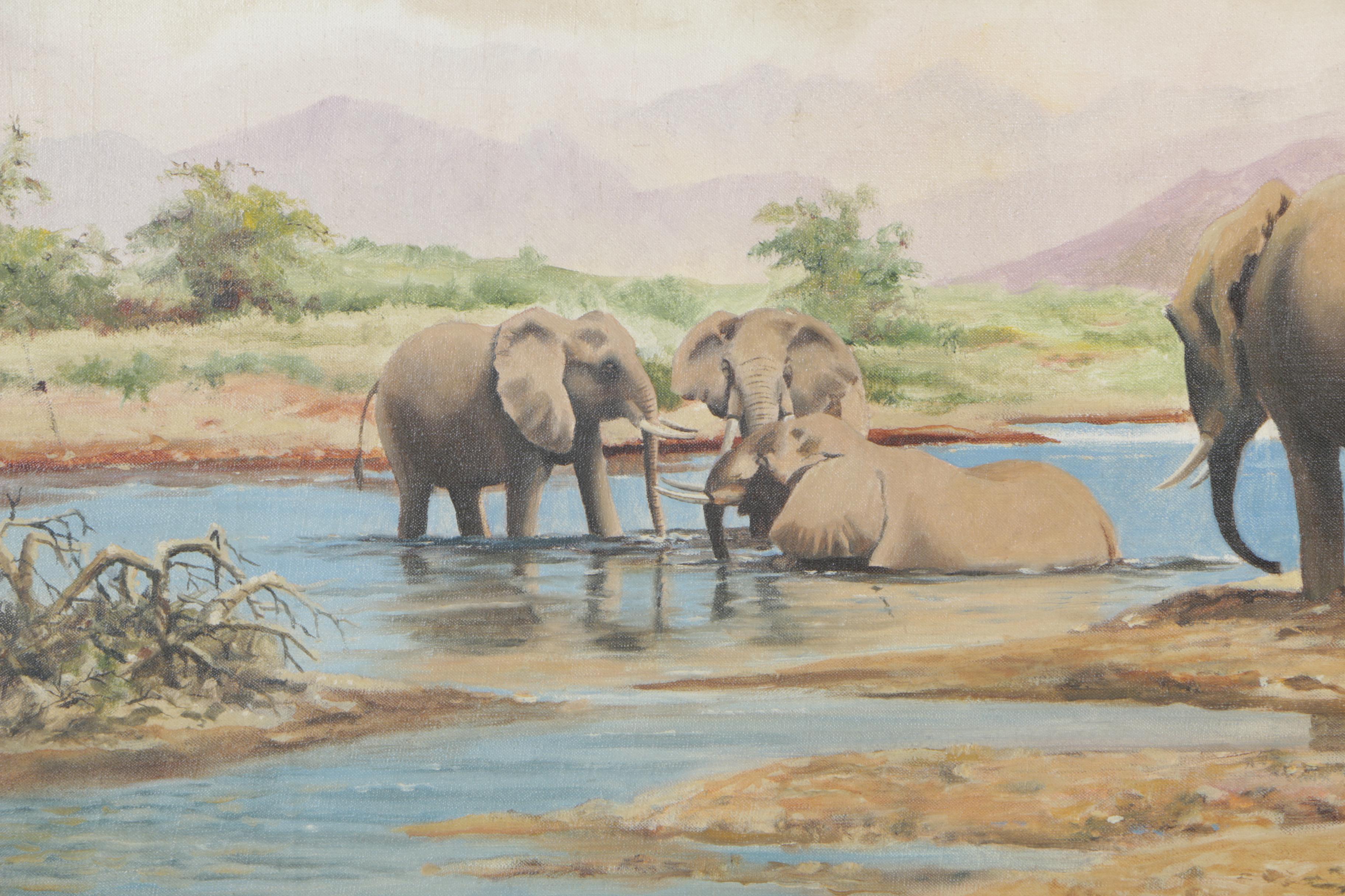 Edward Byrne Oil Painting on Canvas "Elephants"