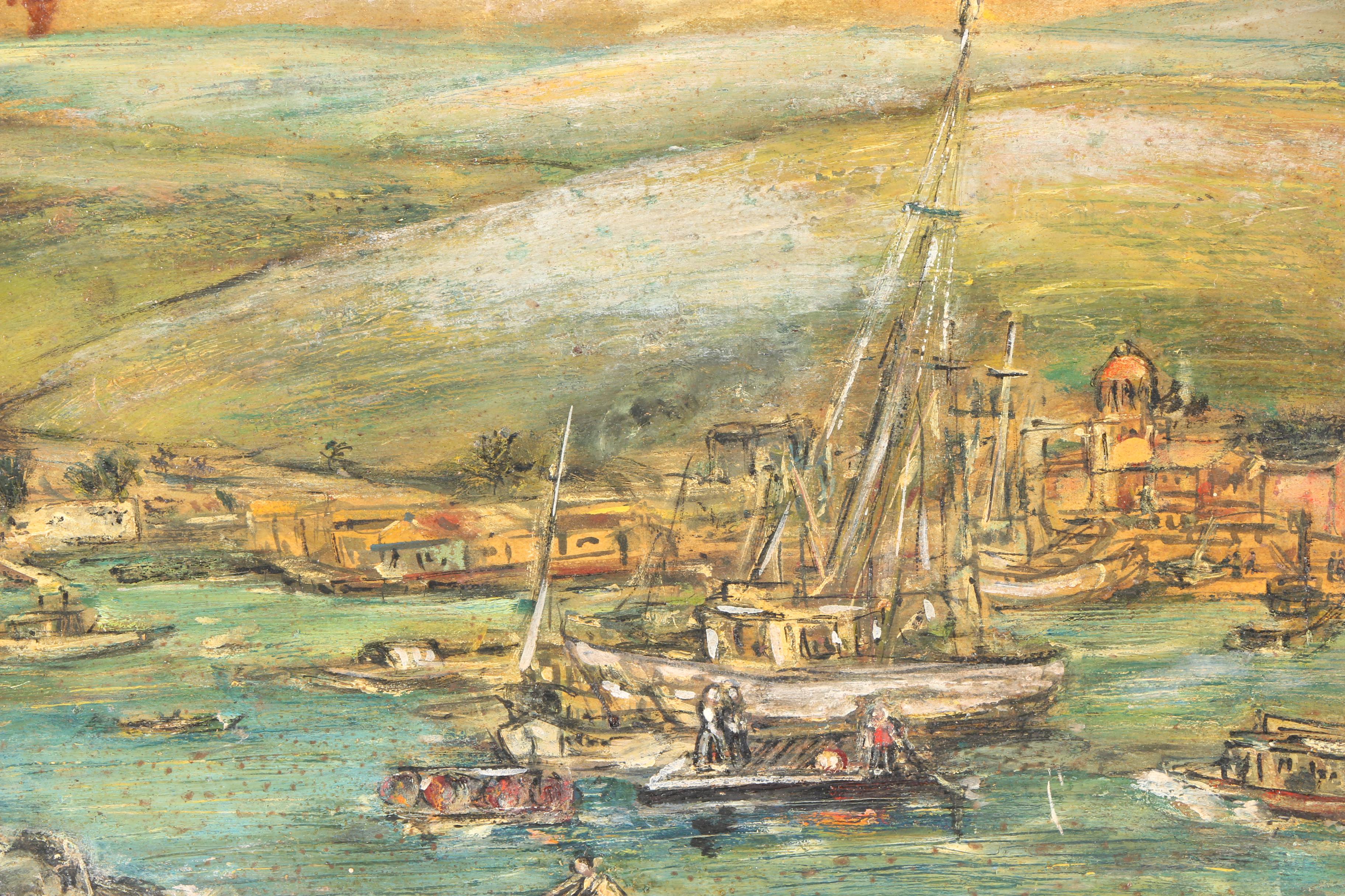 Oil Painting on Board of a Harbor Scene