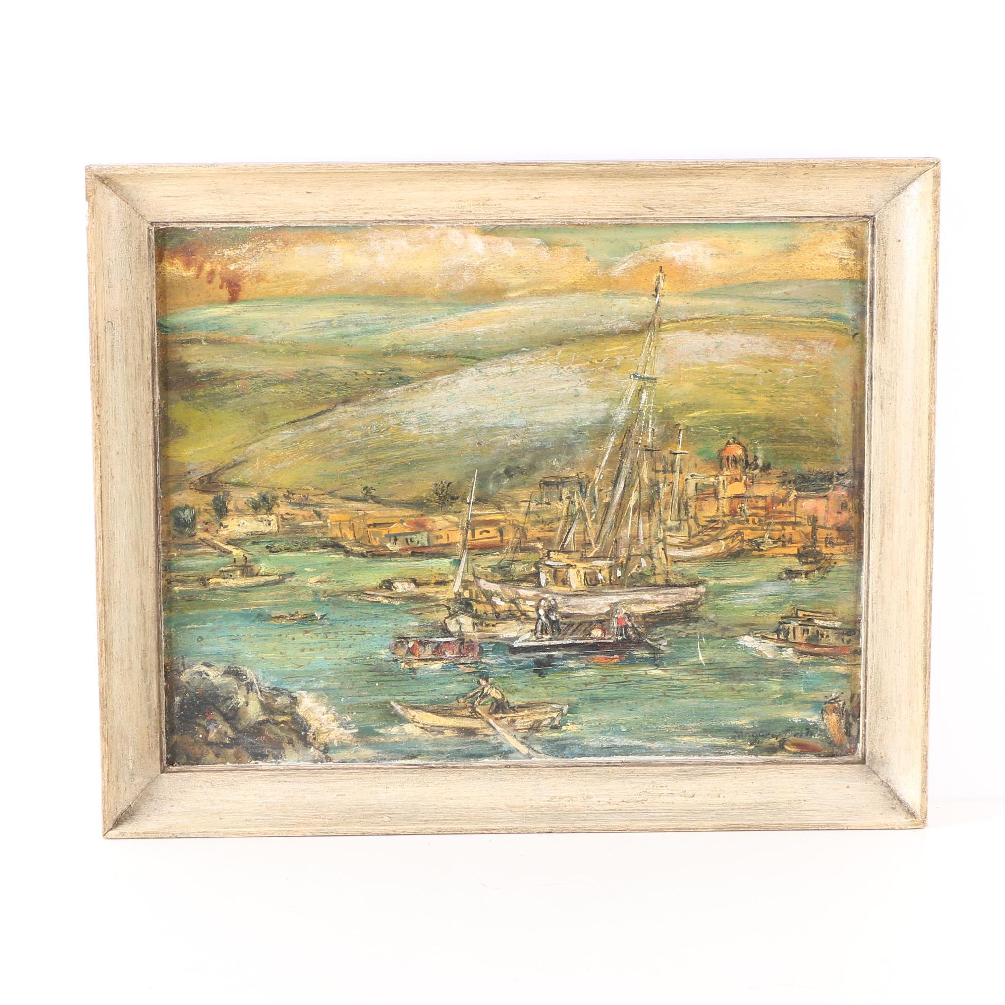 Oil Painting on Board of a Harbor Scene