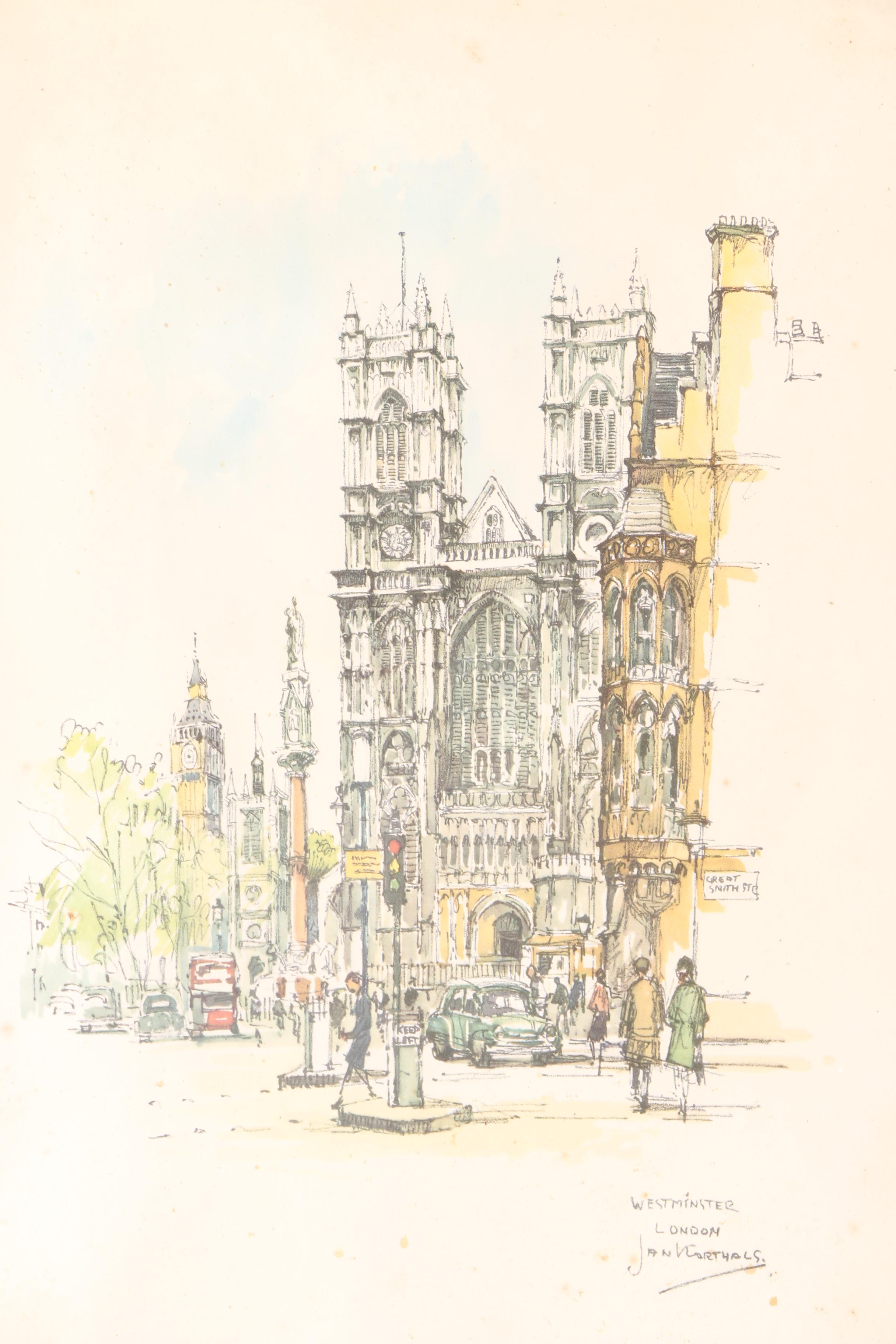 Offset Lithograph Prints Of London Architecture After Jan Korthals