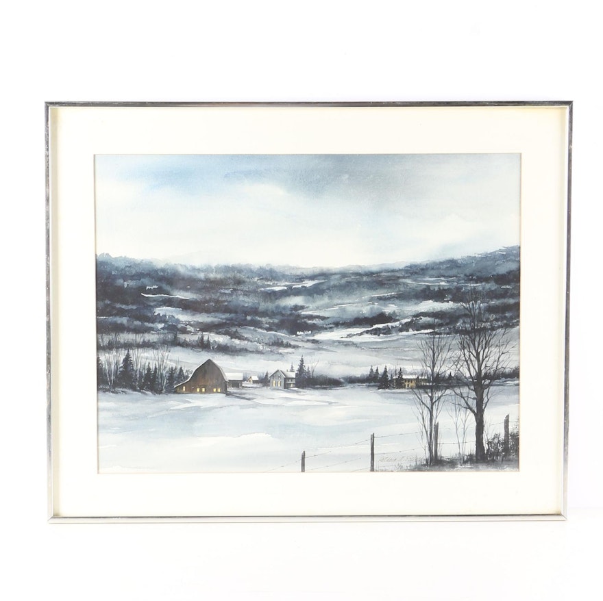 Patricia M. Pollock Watercolor of a Winter Landscape