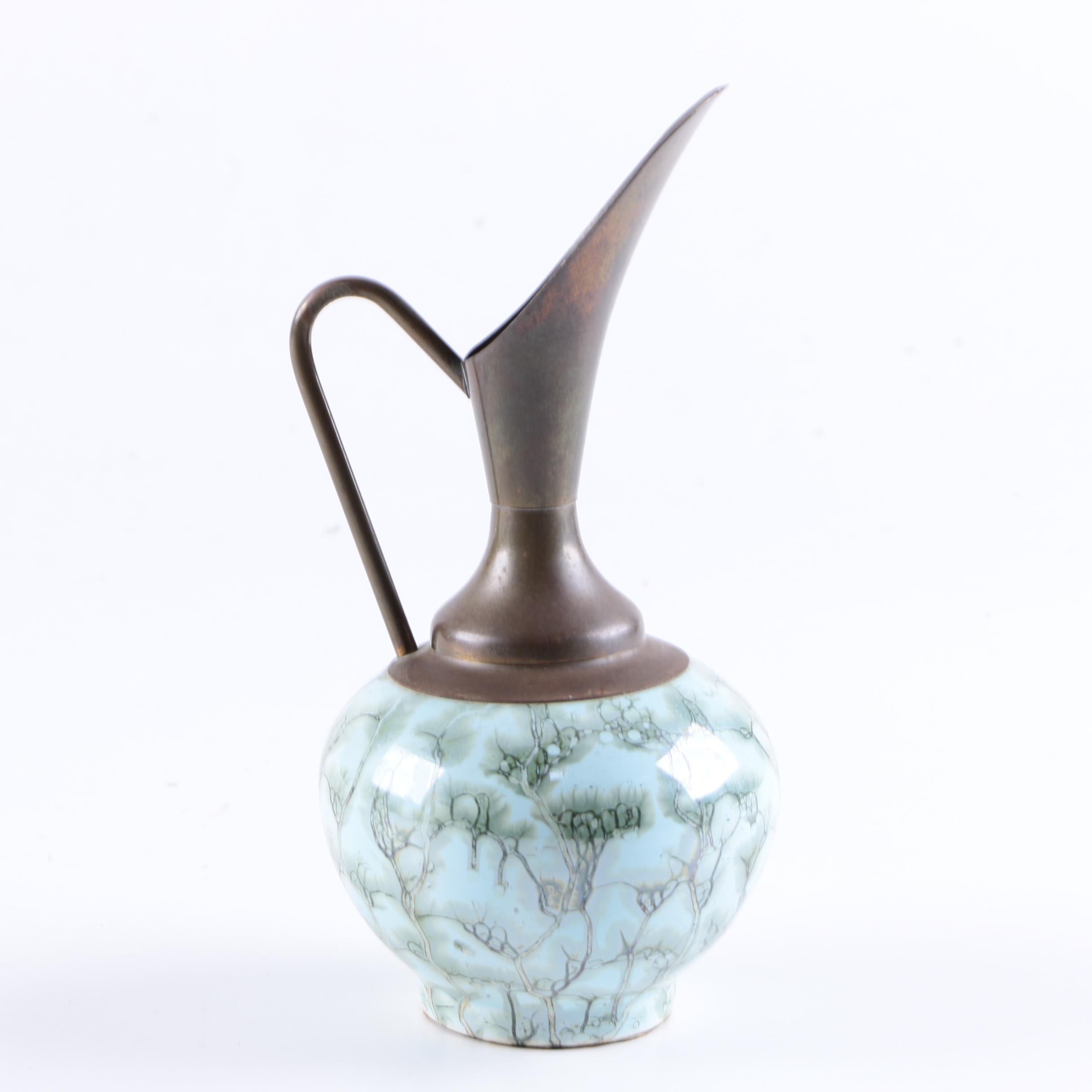Vintage Delft Hand-Painted Ceramic and Bronze Pitcher