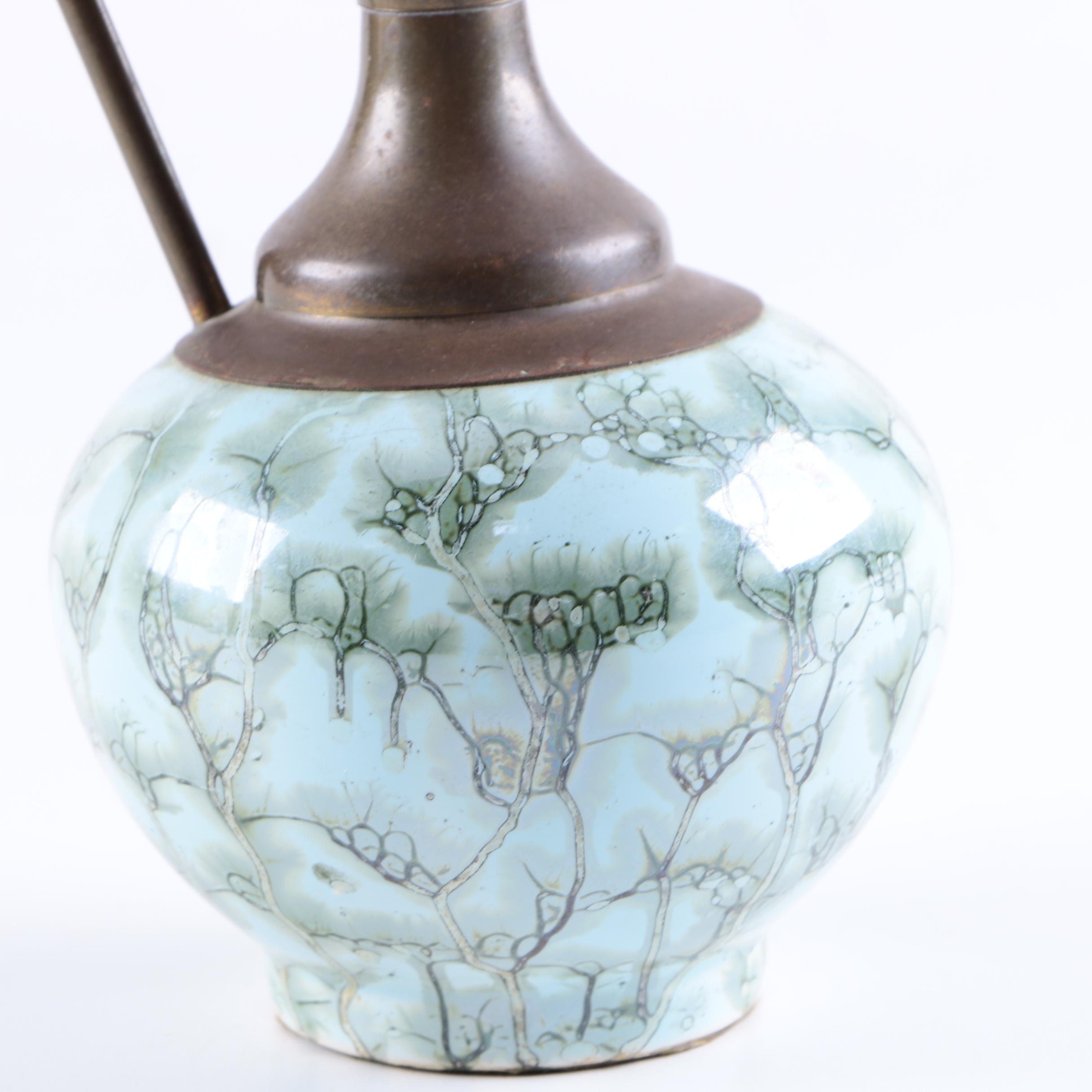 Vintage Delft Hand-Painted Ceramic and Bronze Pitcher