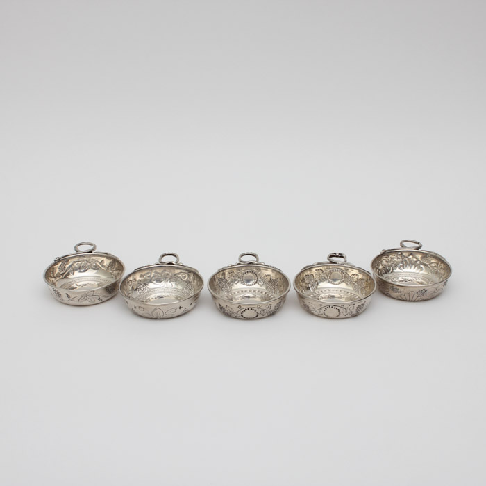 Five Small Sterling Silver Tastevins with Snake Handles