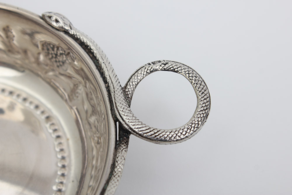 Five Small Sterling Silver Tastevins with Snake Handles