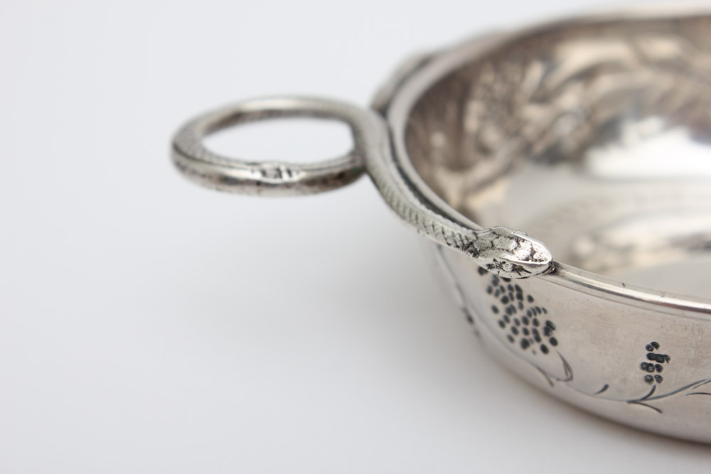 Five Small Sterling Silver Tastevins with Snake Handles