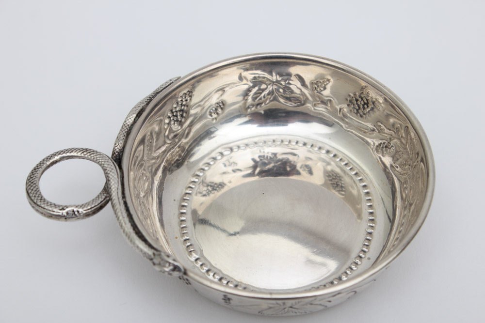 Five Small Sterling Silver Tastevins with Snake Handles