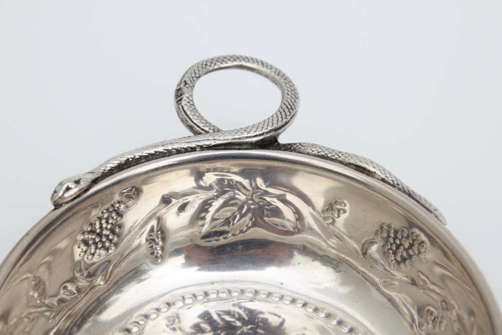 Five Small Sterling Silver Tastevins with Snake Handles