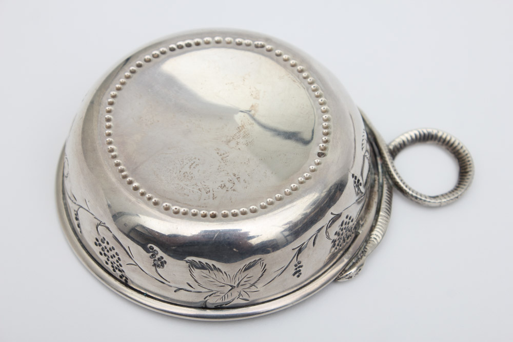 Five Small Sterling Silver Tastevins with Snake Handles