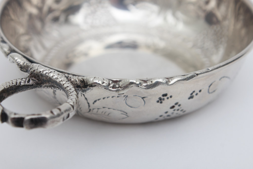 Five Small Sterling Silver Tastevins with Snake Handles