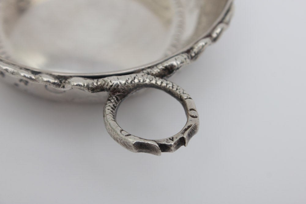 Five Small Sterling Silver Tastevins with Snake Handles