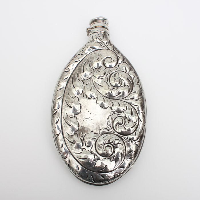Monogrammed Plated Silver Flask with Foliate Design