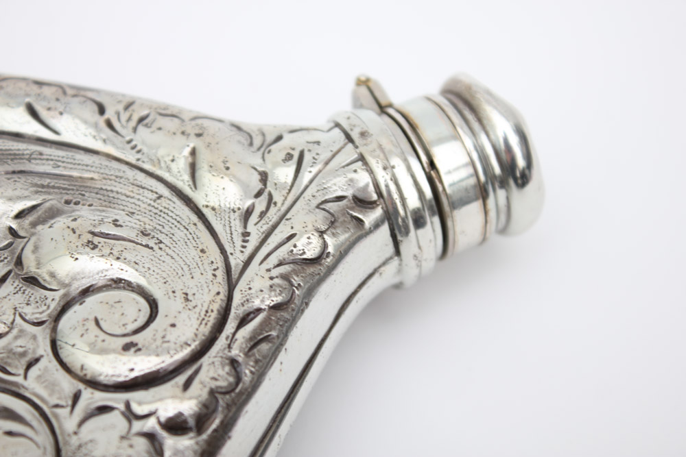 Monogrammed Plated Silver Flask with Foliate Design