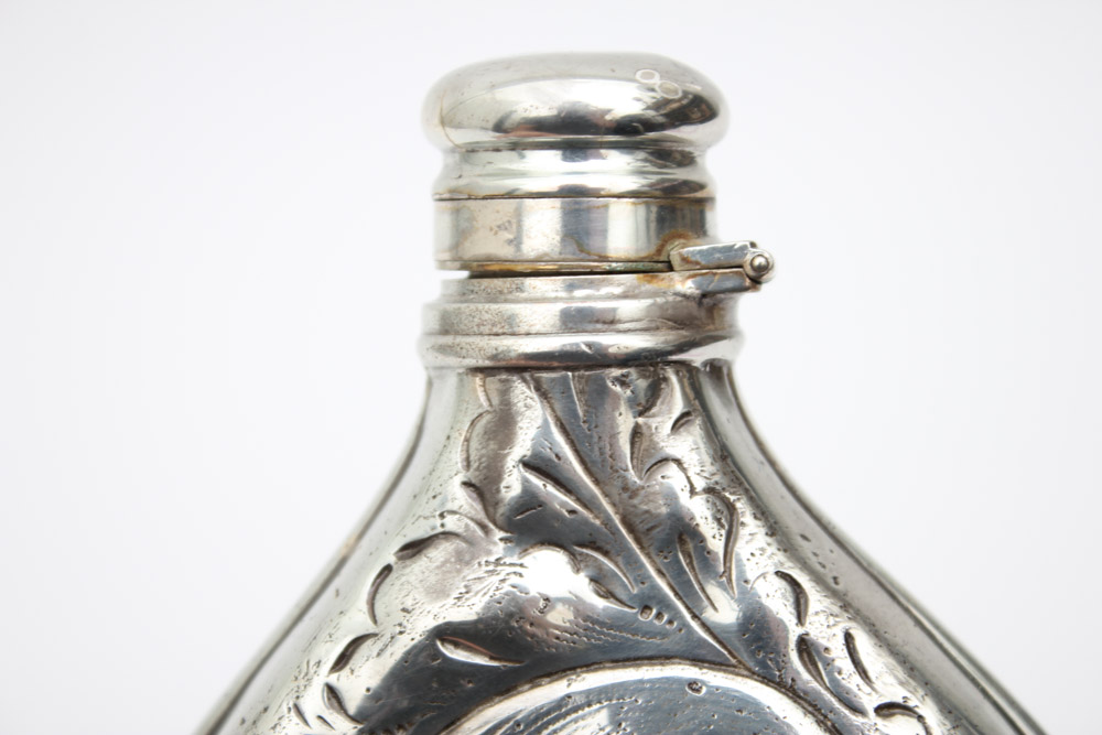 Monogrammed Plated Silver Flask with Foliate Design