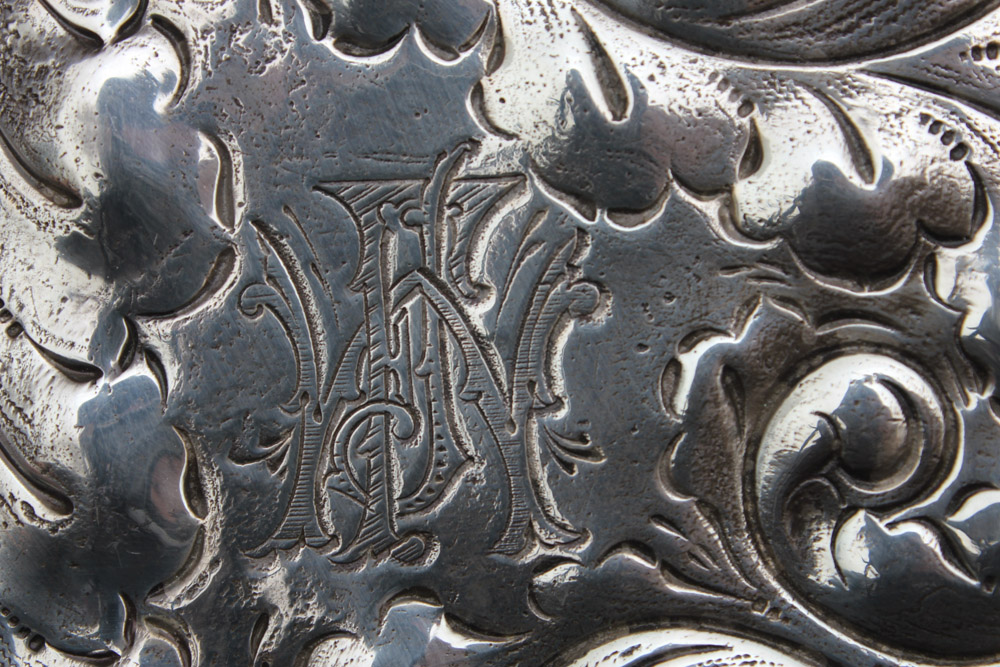 Monogrammed Plated Silver Flask with Foliate Design