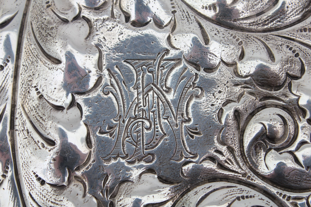 Monogrammed Plated Silver Flask with Foliate Design