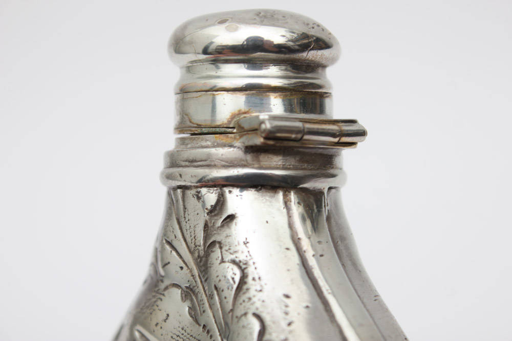 Monogrammed Plated Silver Flask with Foliate Design