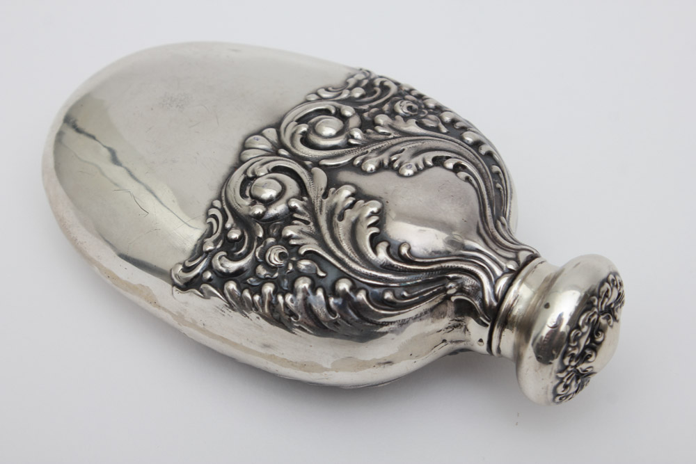Sterling Silver Flask with Raised Scroll Design