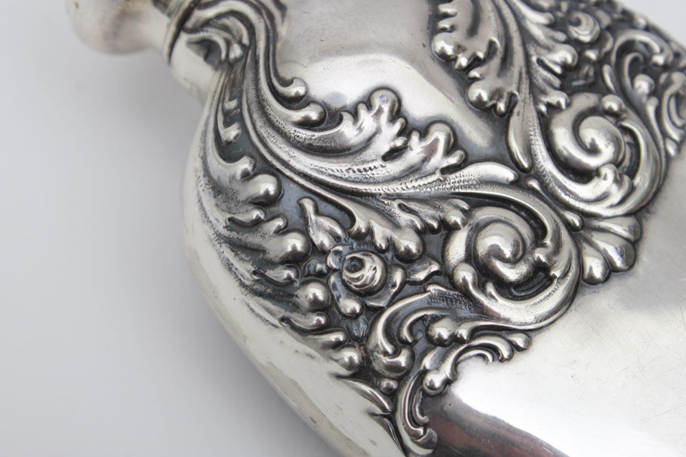 Sterling Silver Flask with Raised Scroll Design