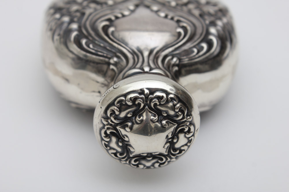 Sterling Silver Flask with Raised Scroll Design