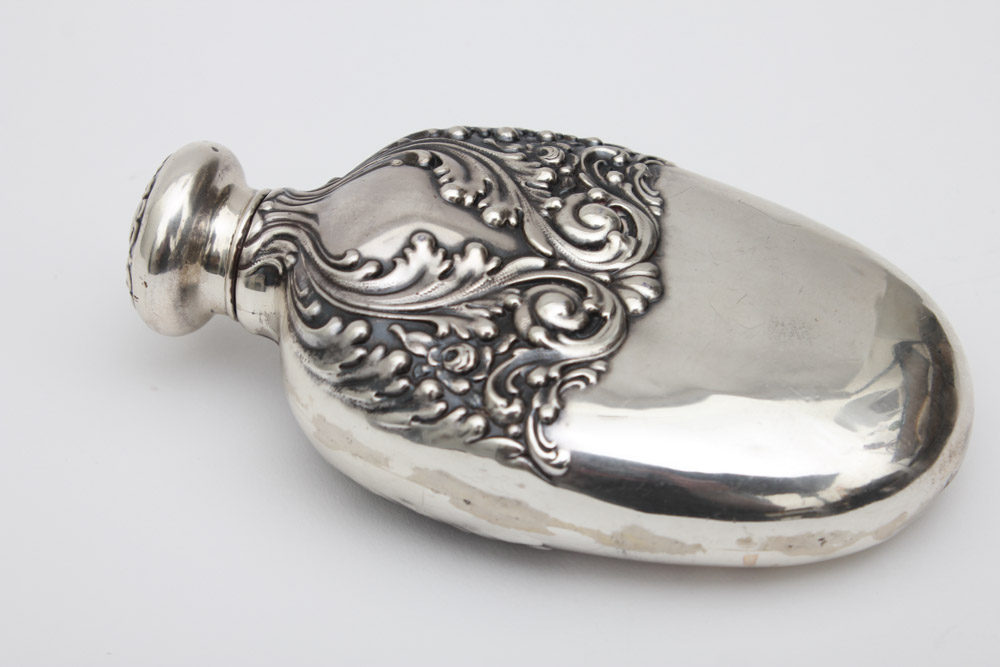 Sterling Silver Flask with Raised Scroll Design