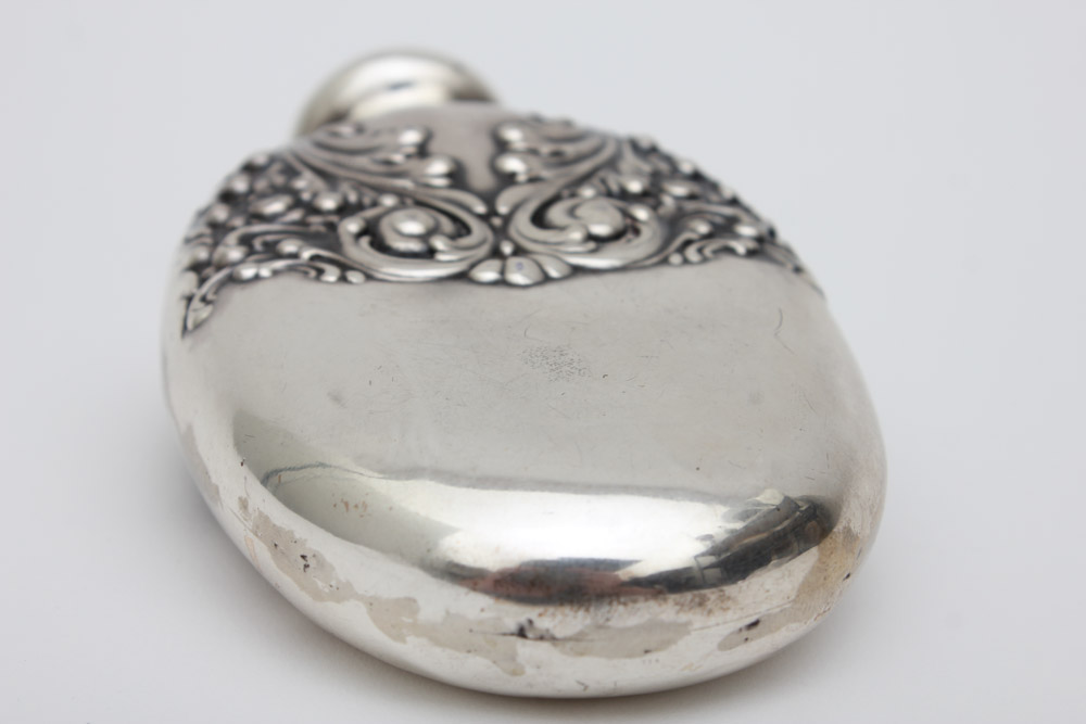 Sterling Silver Flask with Raised Scroll Design